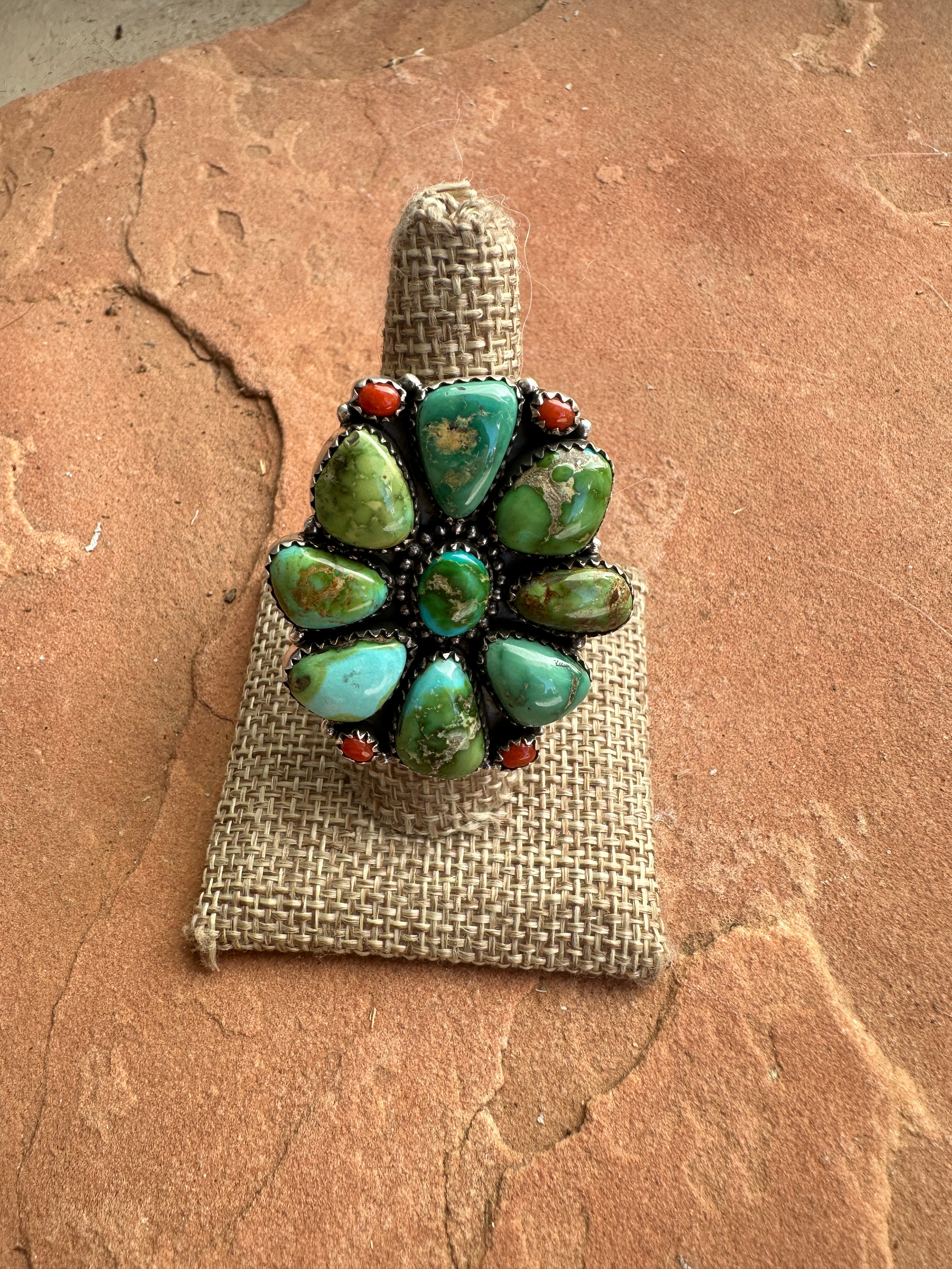 Beautiful Handmade Coral, Sonoran Turquoise And Sterling Silver Adjustable Ring