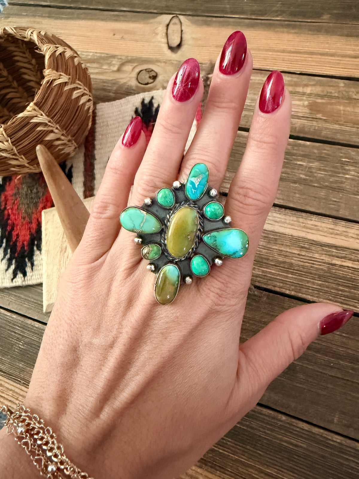 Handcrafted Turquoise & Sterling Silver Cluster Adjustable Ring