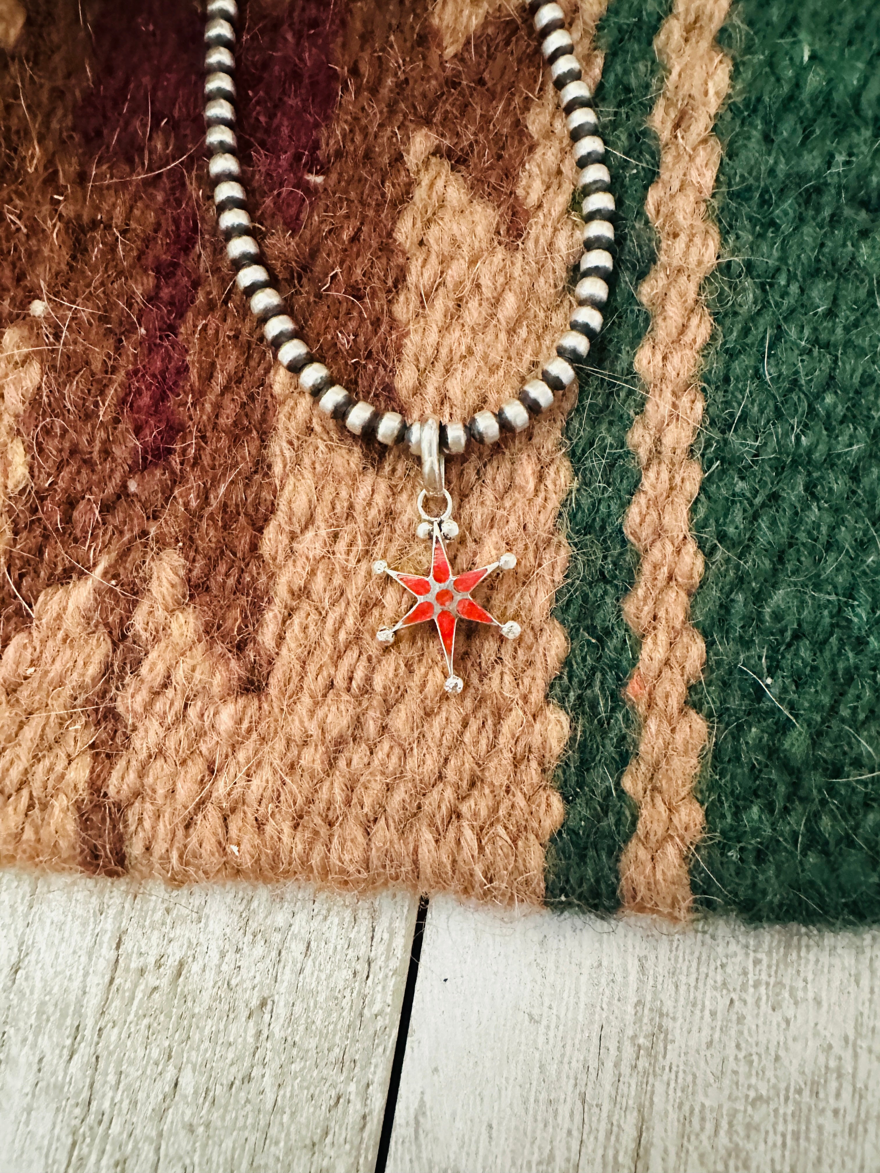 Zuni Sterling Silver & Coral Mini Star Pendant Signed