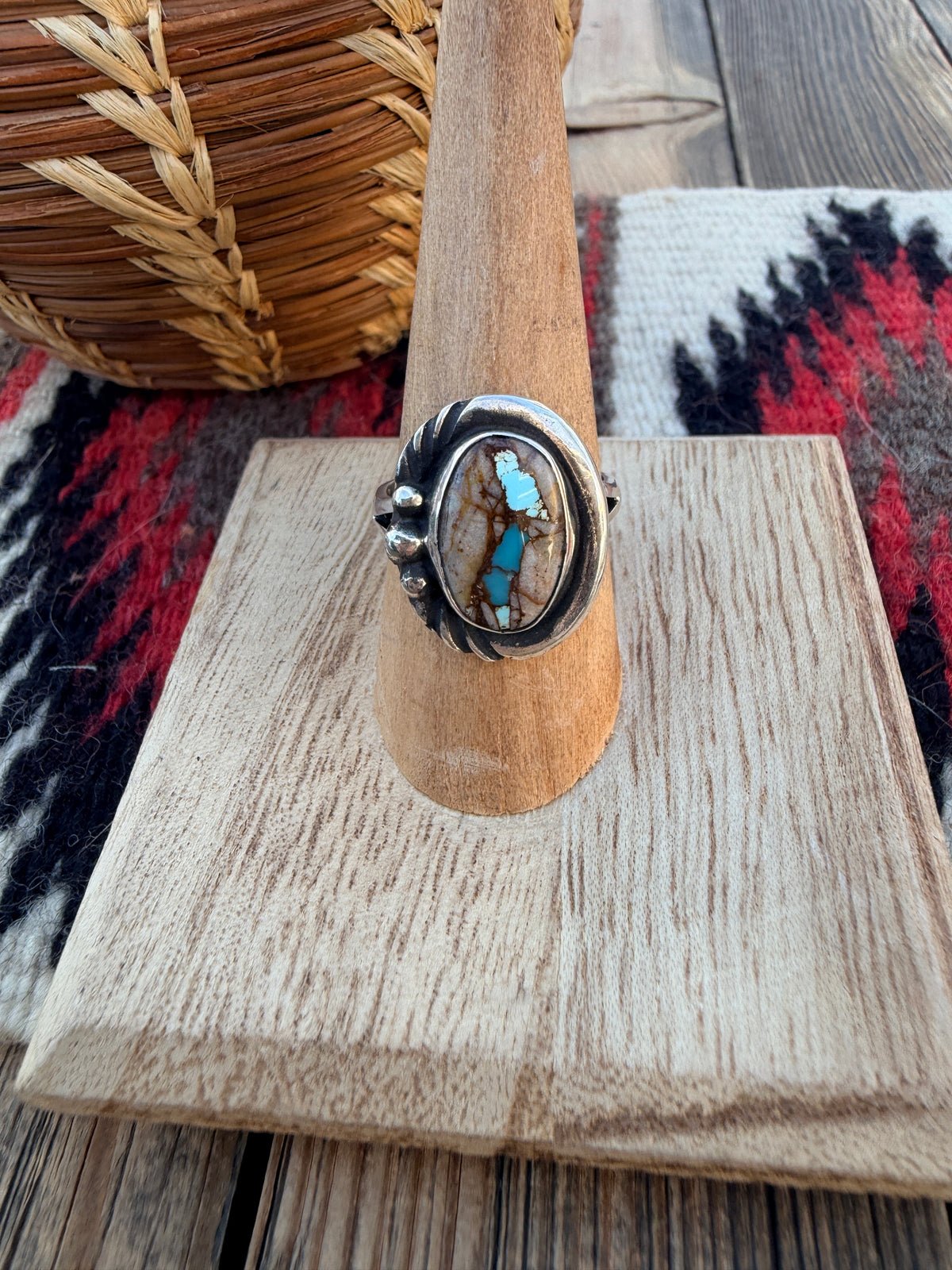 Handcrafted Ribbon Turquoise & Sterling Silver Ring Size 7.75