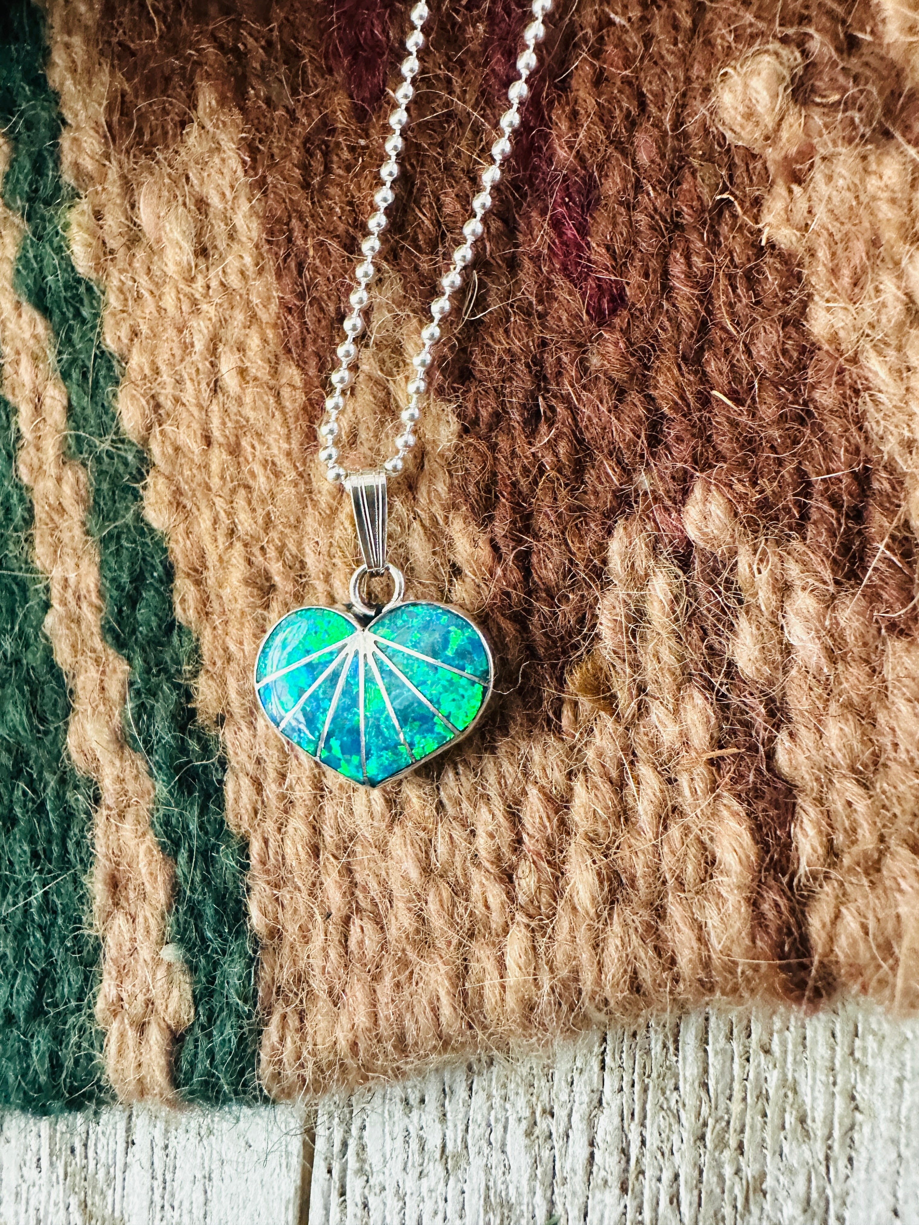 Handcrafted Blue Opal & Sterling Silver Inlay Heart Pendant