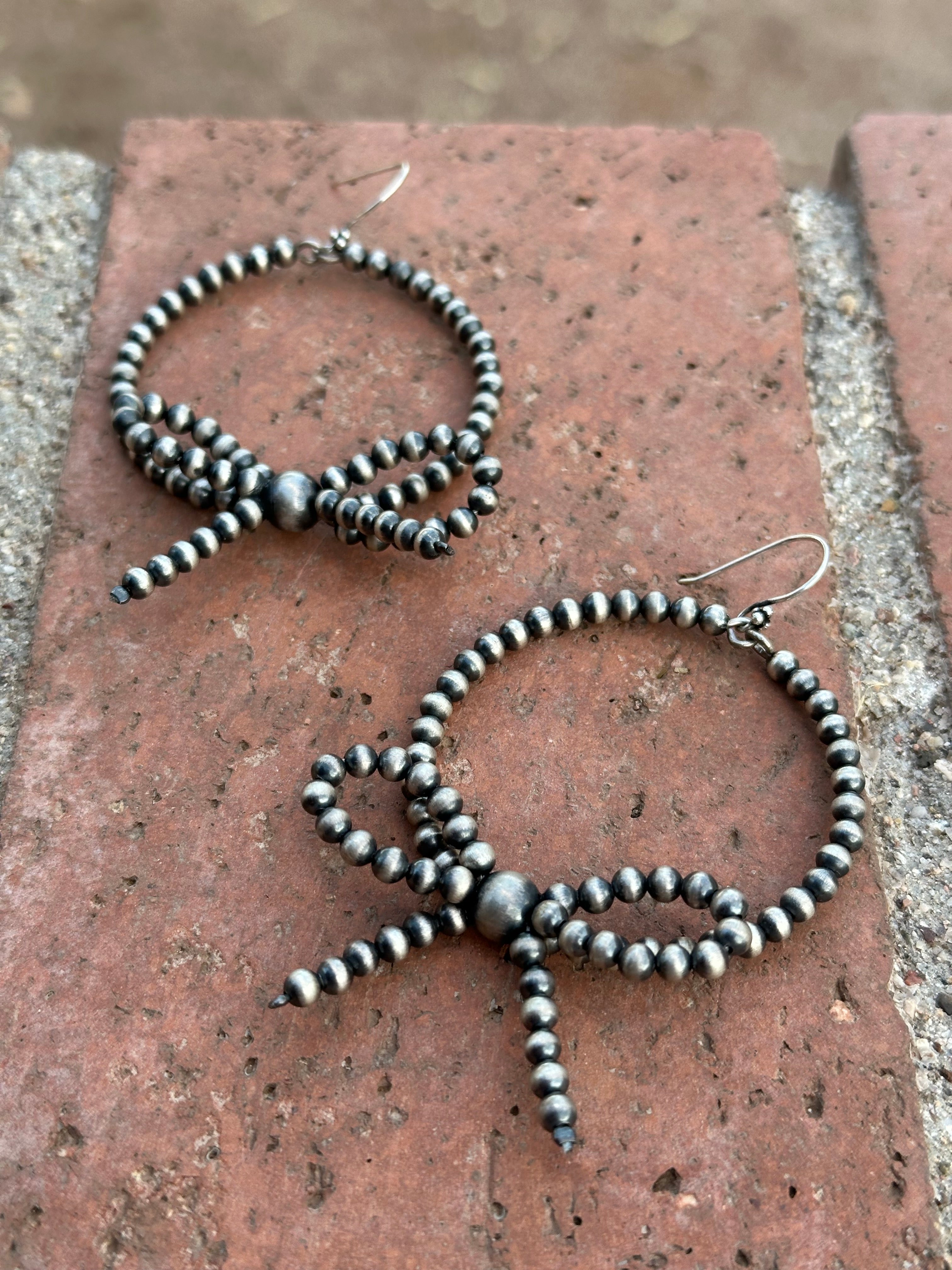 Handmade Sterling Silver Hoop Beaded Bow Tie Dangle Earrings