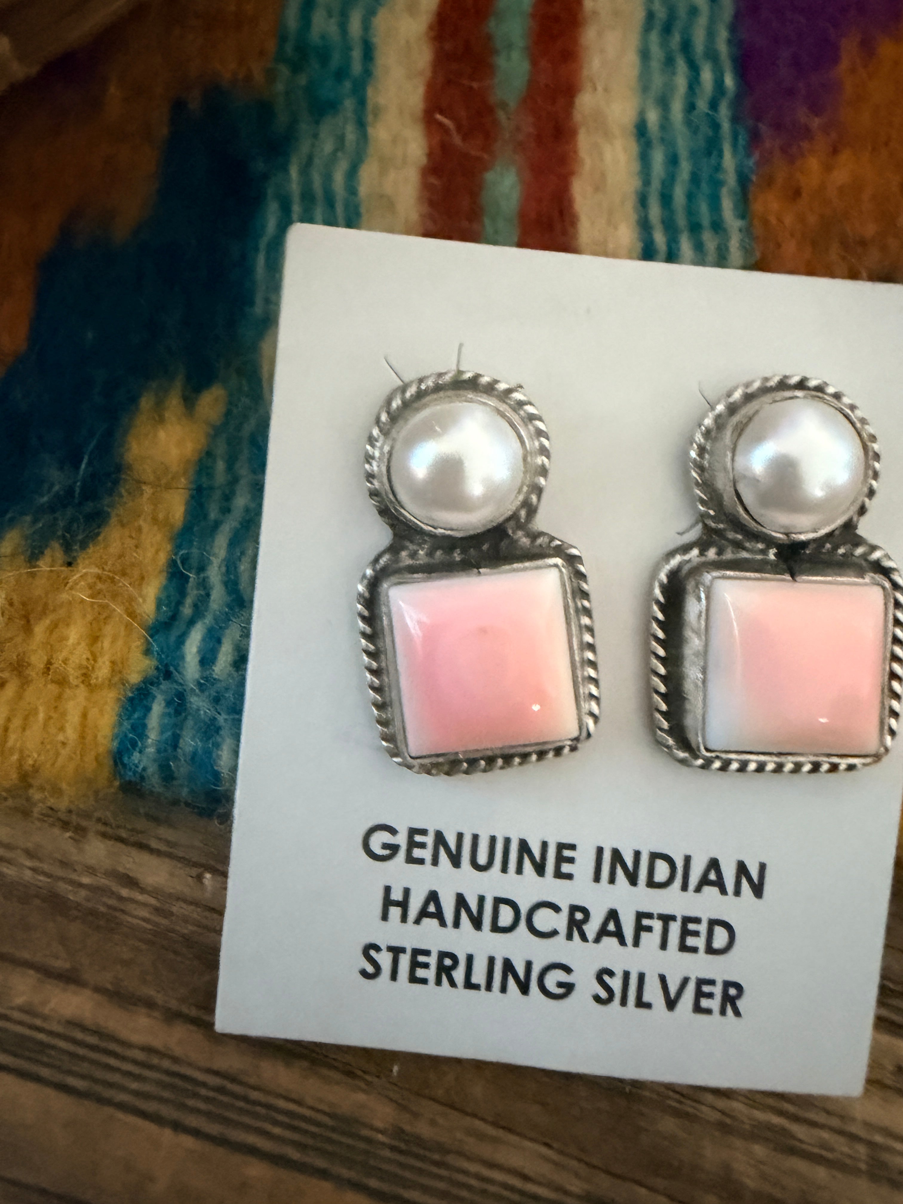 Handcrafted Queen Pink Conch, Pearl & Sterling Silver Post Earrings by Marcella James