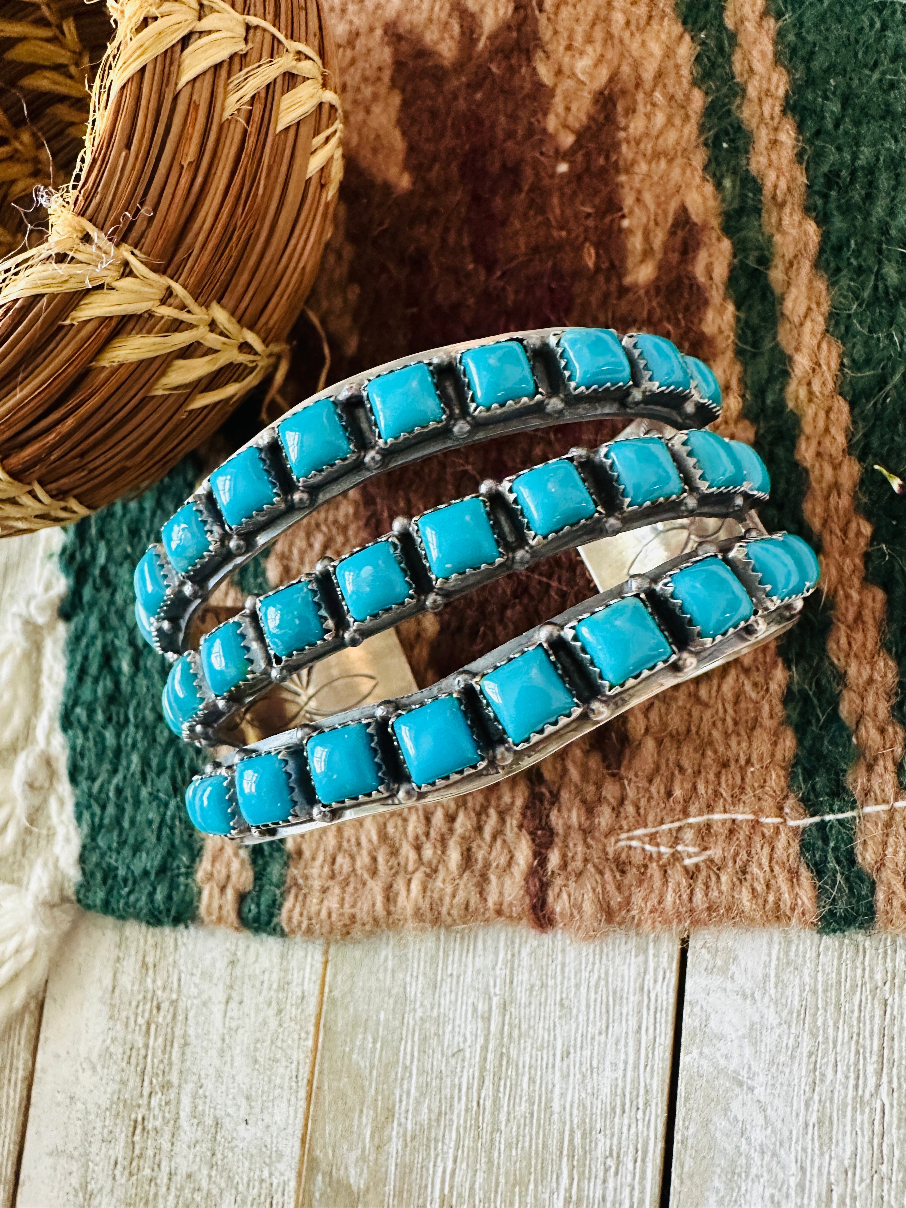 Handcrafted Sterling Silver & Turquoise Triple Row Cuff Bracelet /