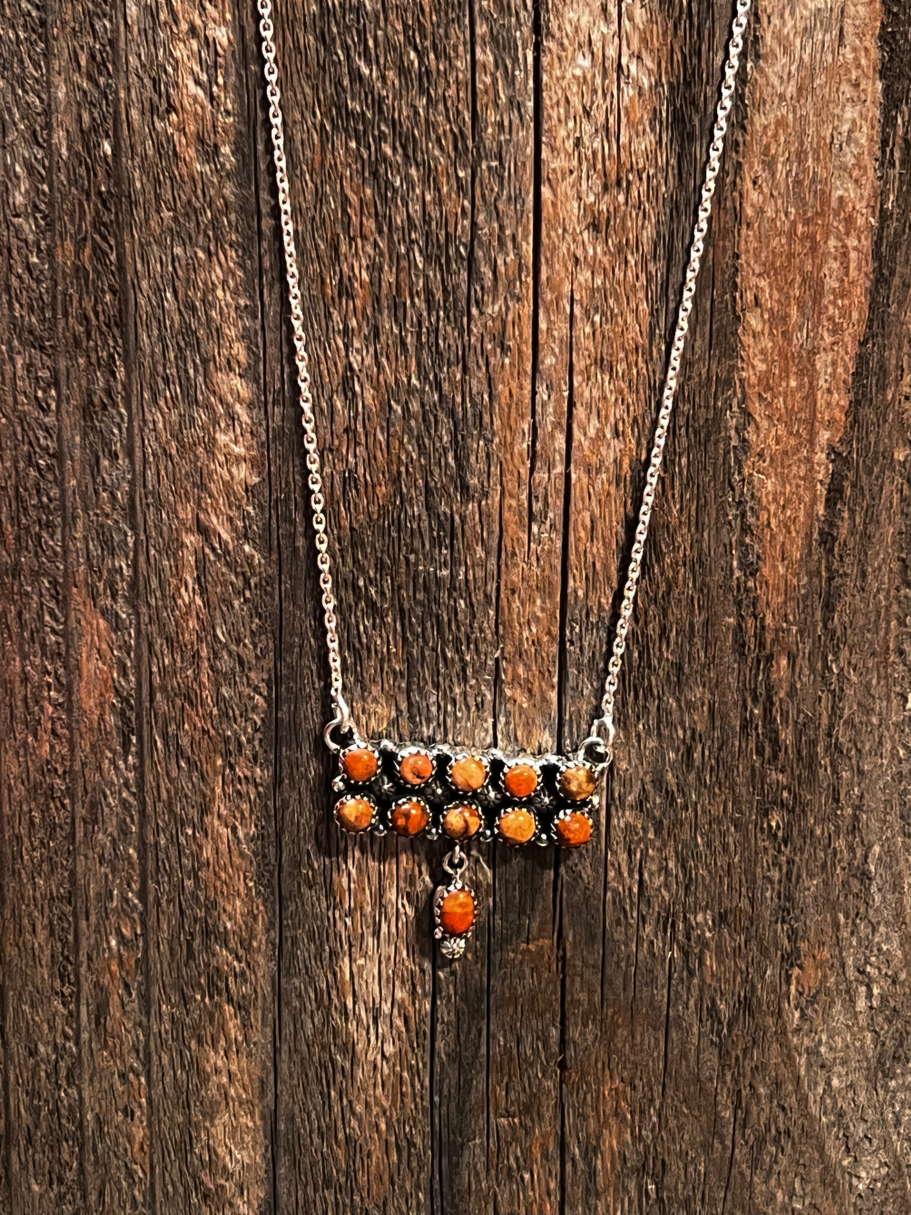 Handmade Sterling Silver & Orange Spiny Tear Drop Dangle, Bar Necklace