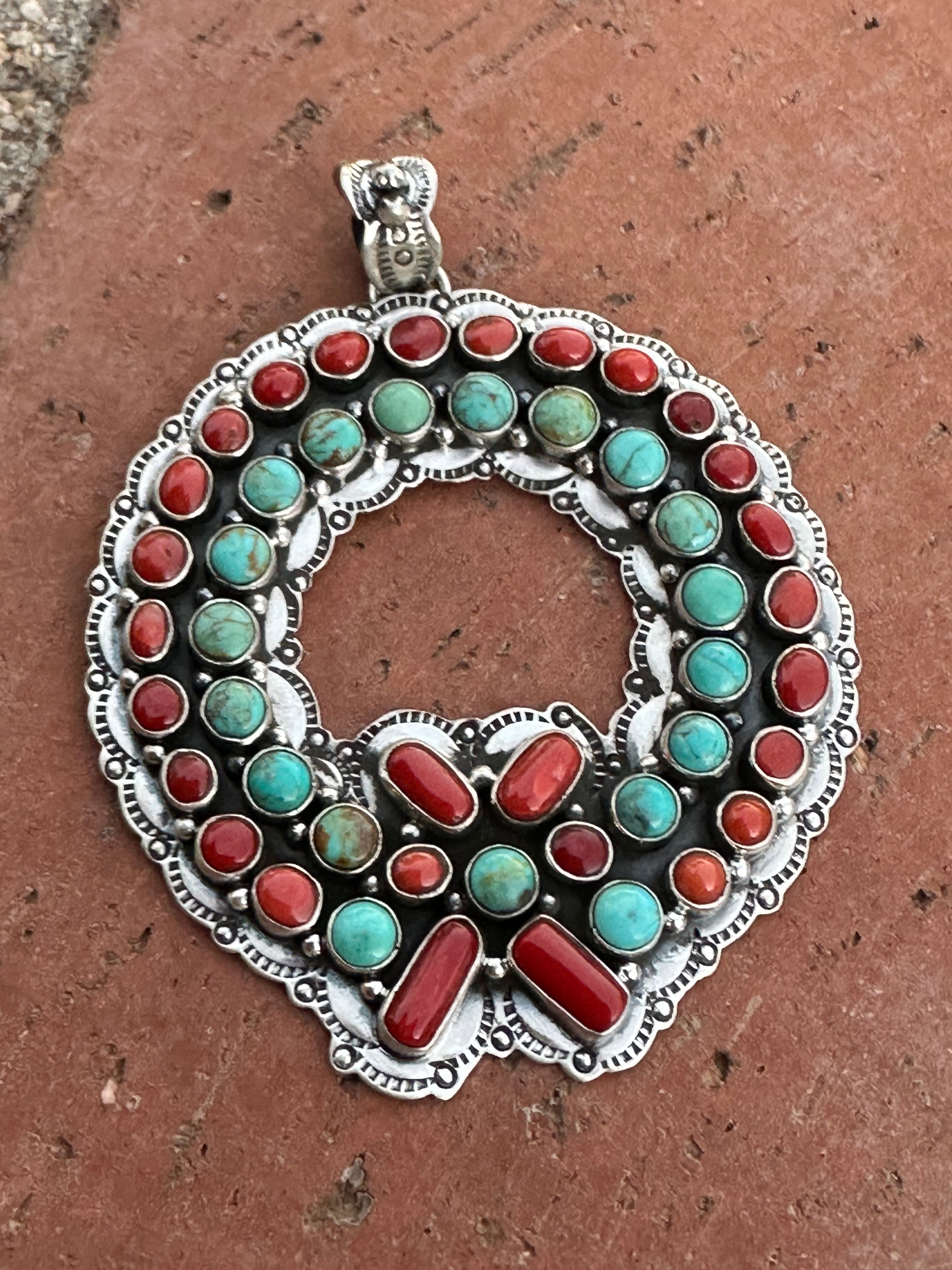 Handmade Sterling Silver, Coral & Kingman Turquoise Christmas Wreath Pendant