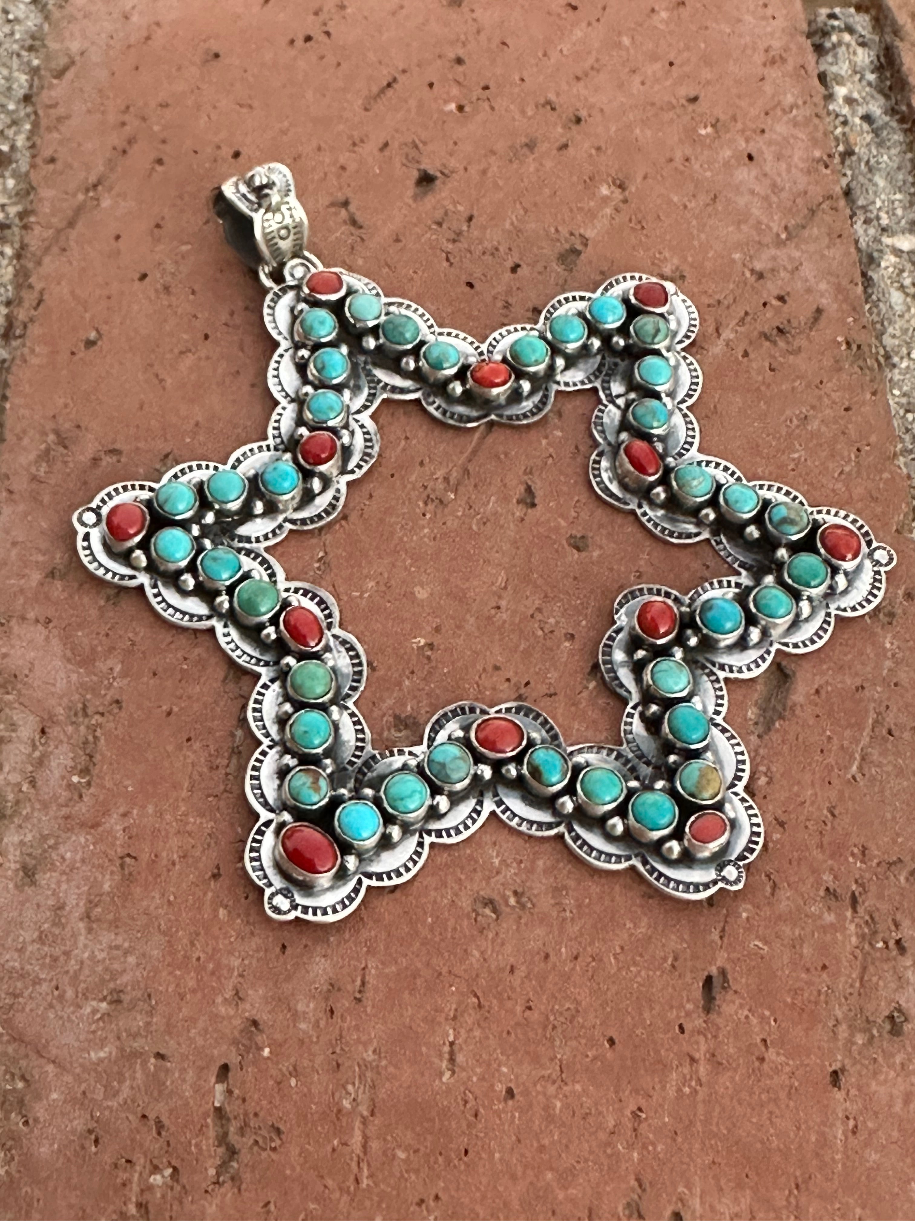 Handmade Sterling Silver, Coral & Turquoise Christmas Star Pendant