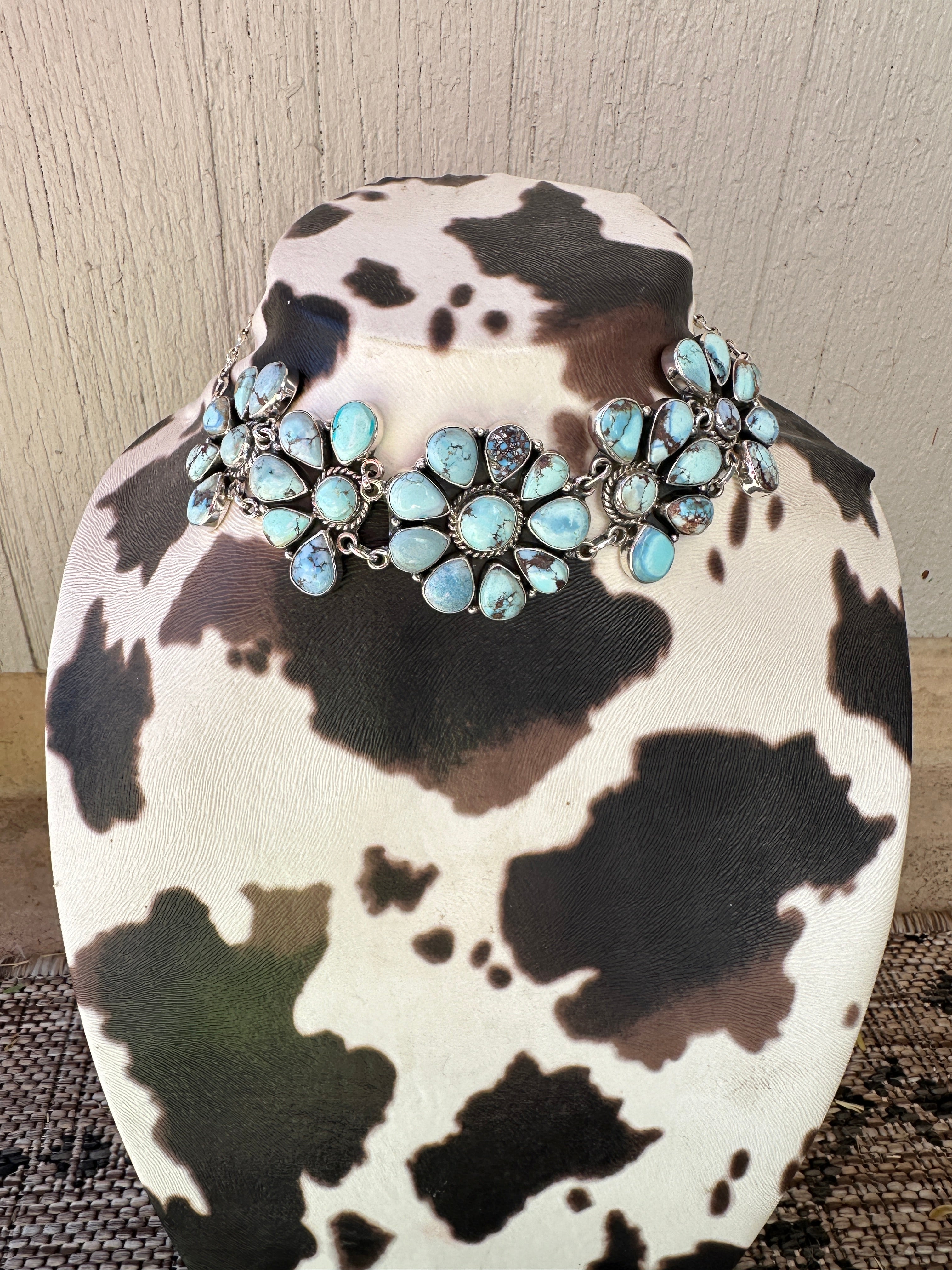 Beautiful Handmade Sterling Silver & Golden Hills Turquoise Cluster Choker Necklace