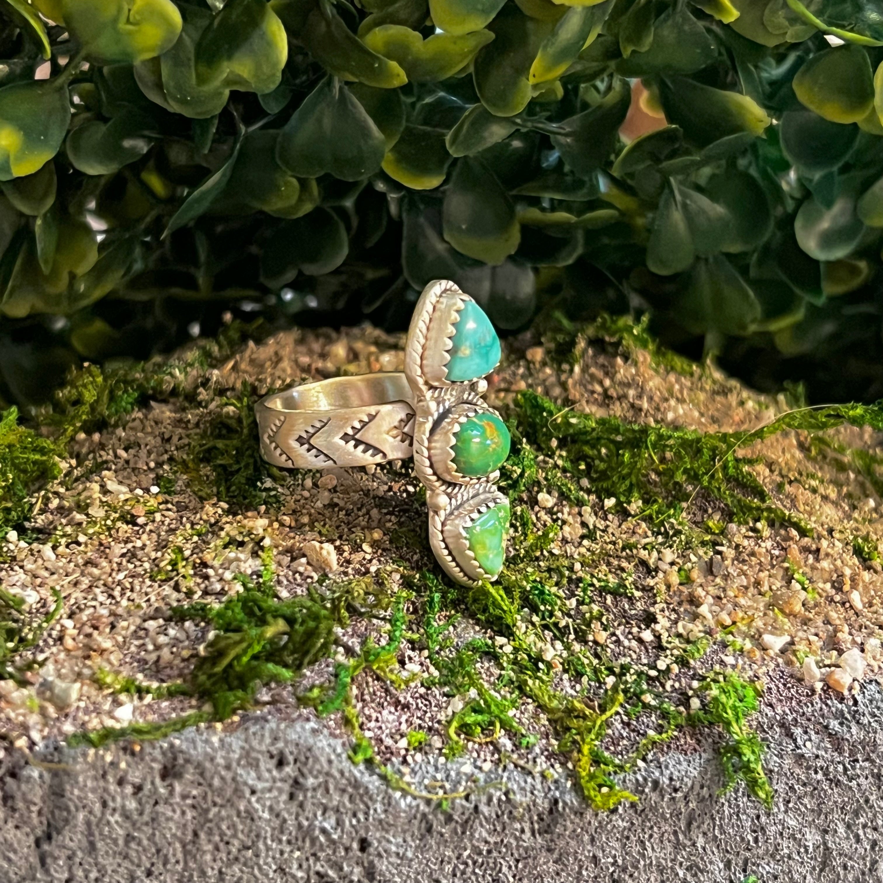 Handmade Sterling Silver 3-Stone South Hill & Sonoran Mountain Turquoise Adjustable Ring