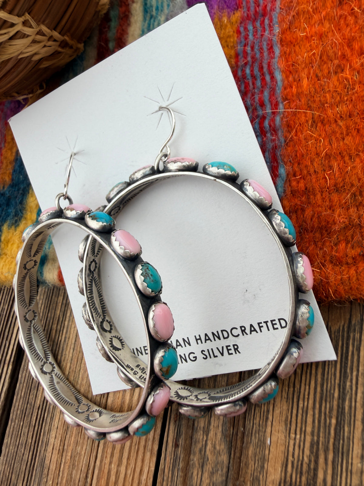 Handcrafted Turquoise, Queen Pink Conch & Sterling Silver Dangle Hoop Earrings by Russell Sam