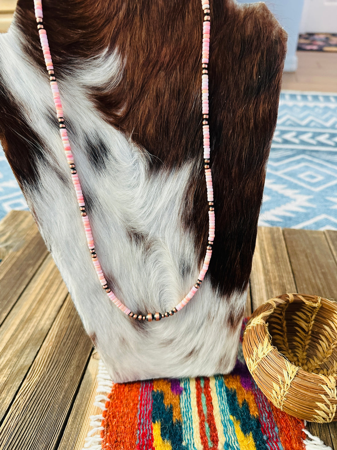 Handcrafted Queen Pink Conch & Copper 24” Beaded Necklace