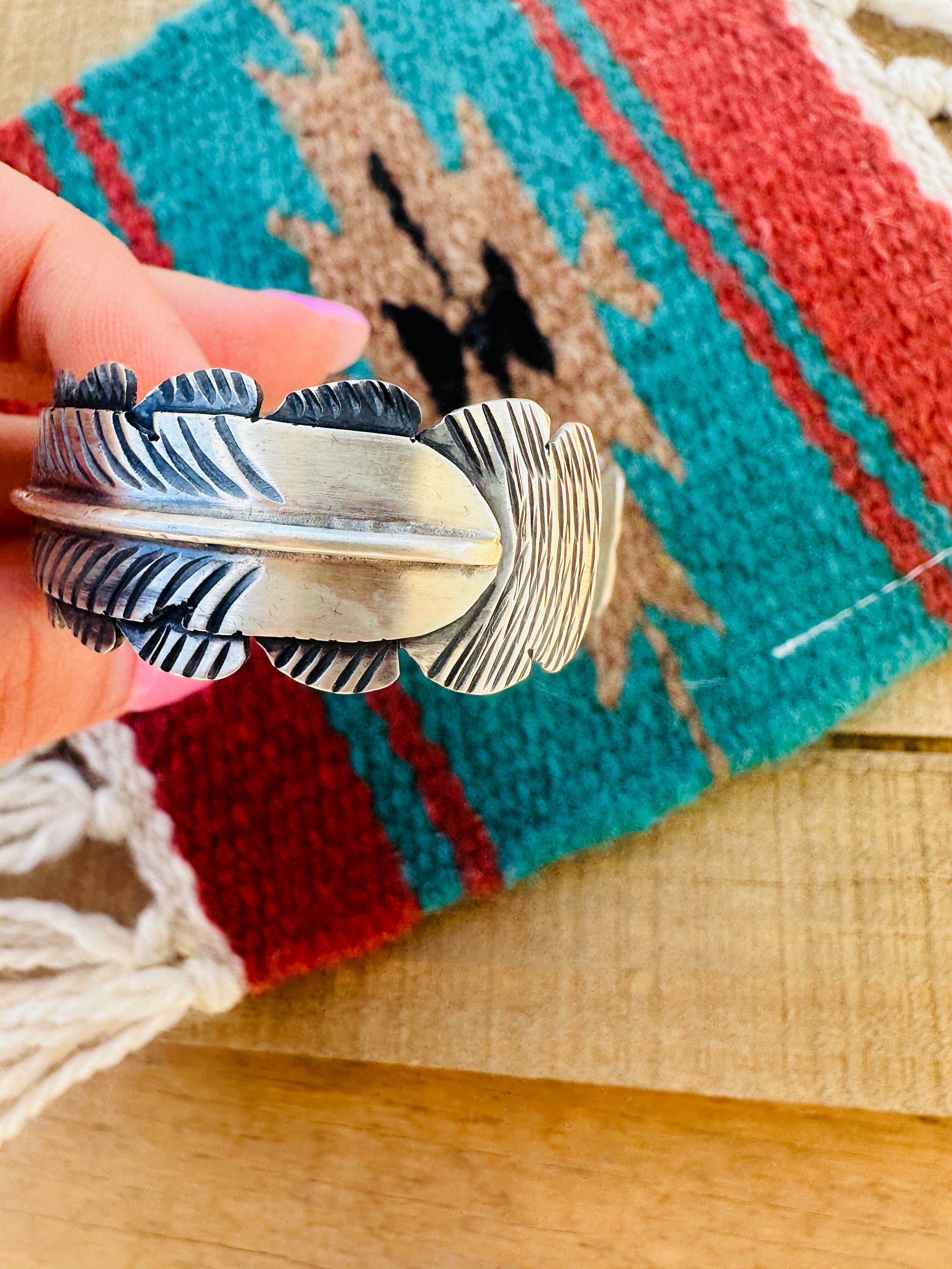 Navajo Hand Stamped Sterling Silver Feather Cuff Bracelet