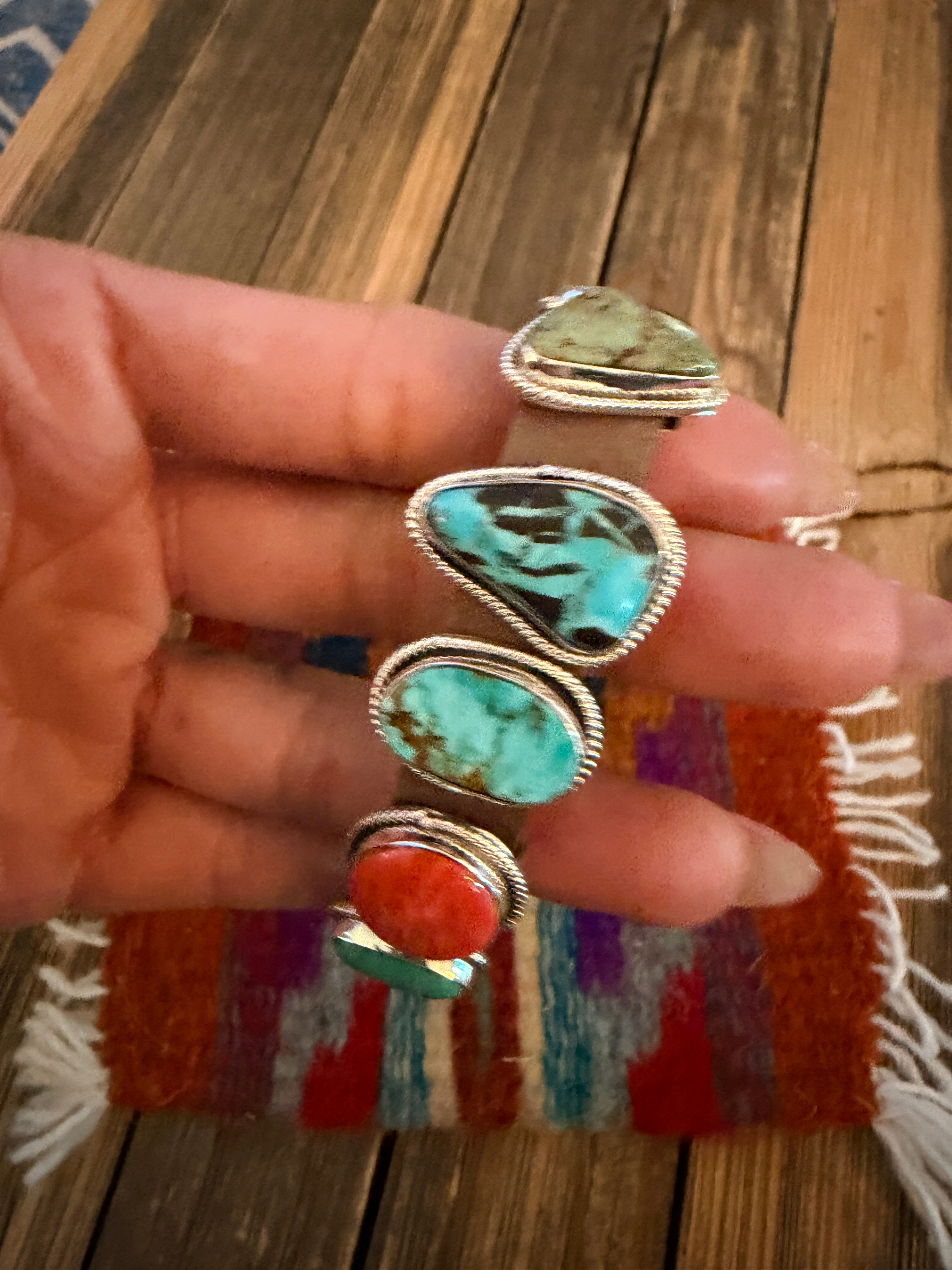 Handcrafted Multi Turquoise, Spiny & Sterling Silver Leather Bracelet