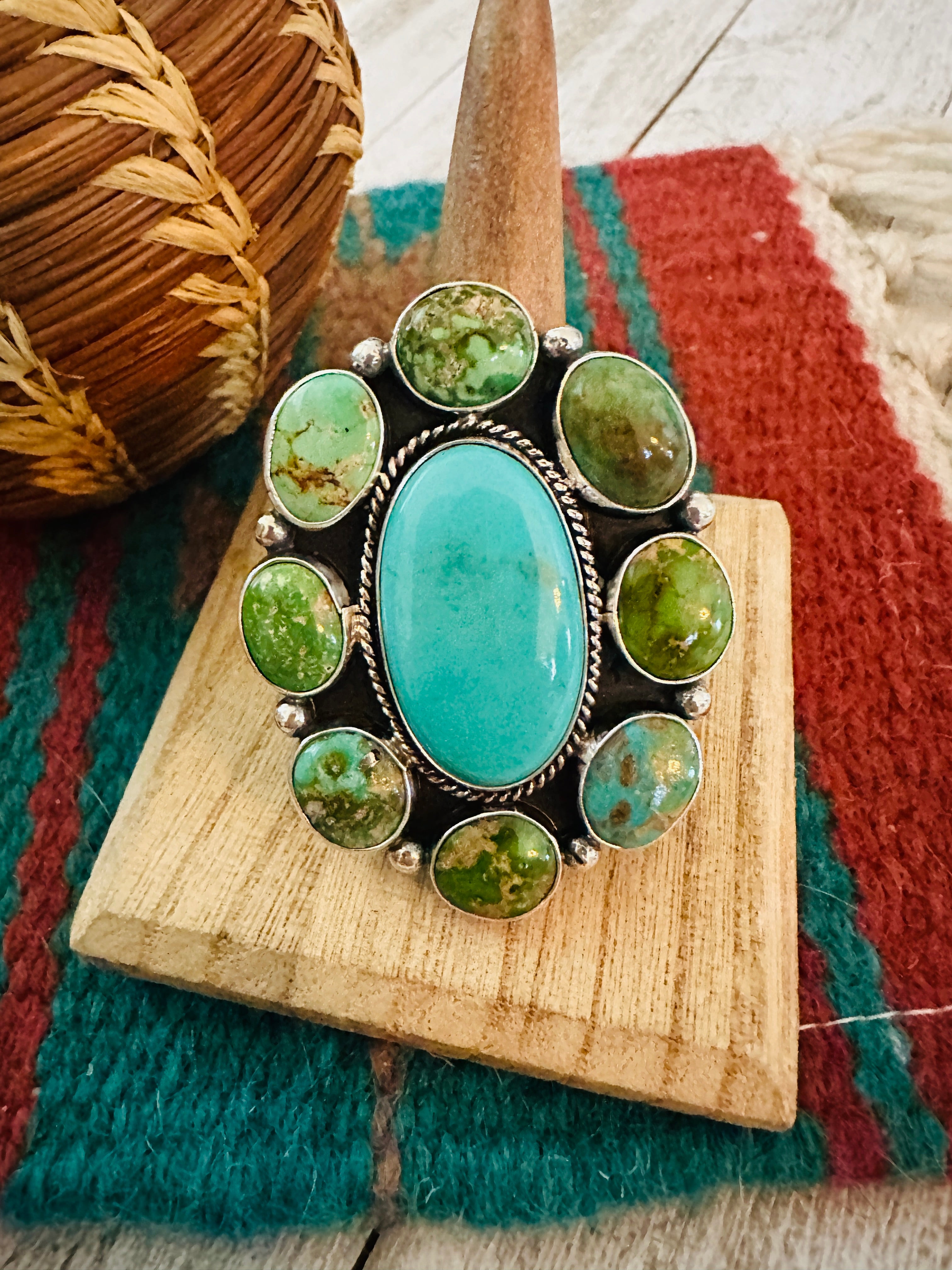 Navajo Sterling Silver & Multi Turquoise Cluster Adjustable Ring