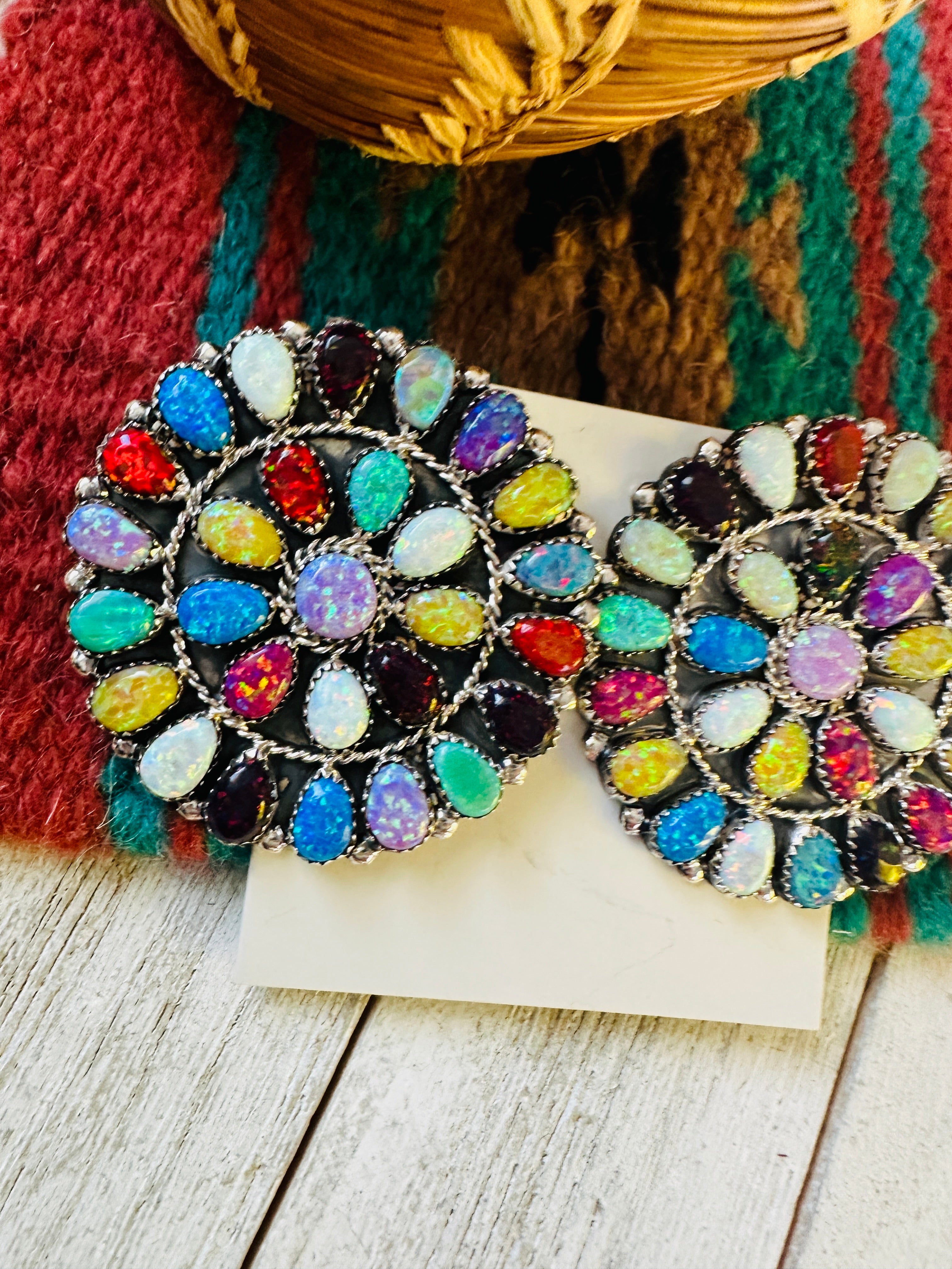 Navajo Multicolor Opal And Sterling Silver Cluster Post Earrings