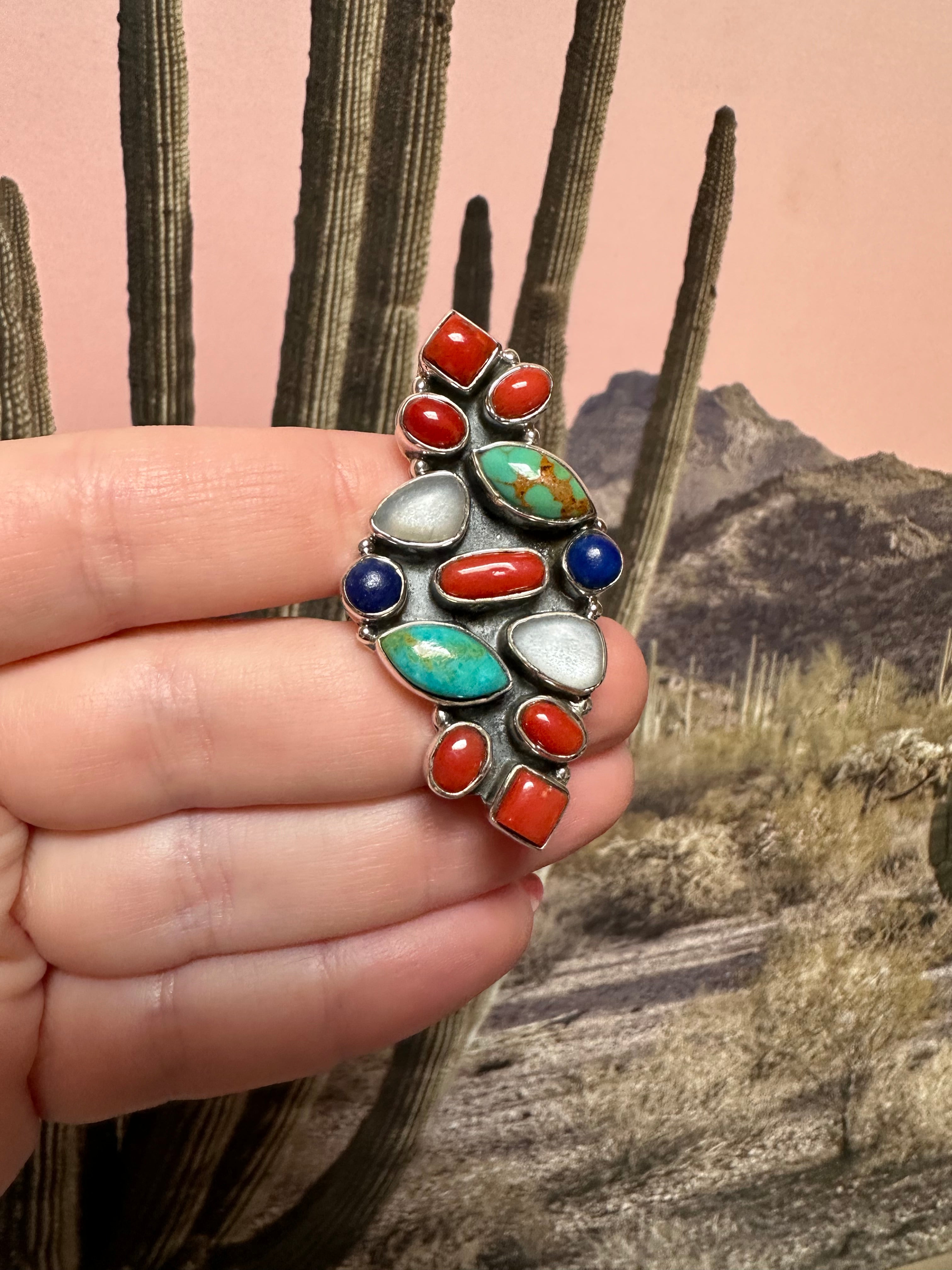 Beautiful Handmade Mother of Pearl, Turquoise, Coral, Lapis And Sterling Silver Adjustable Ring