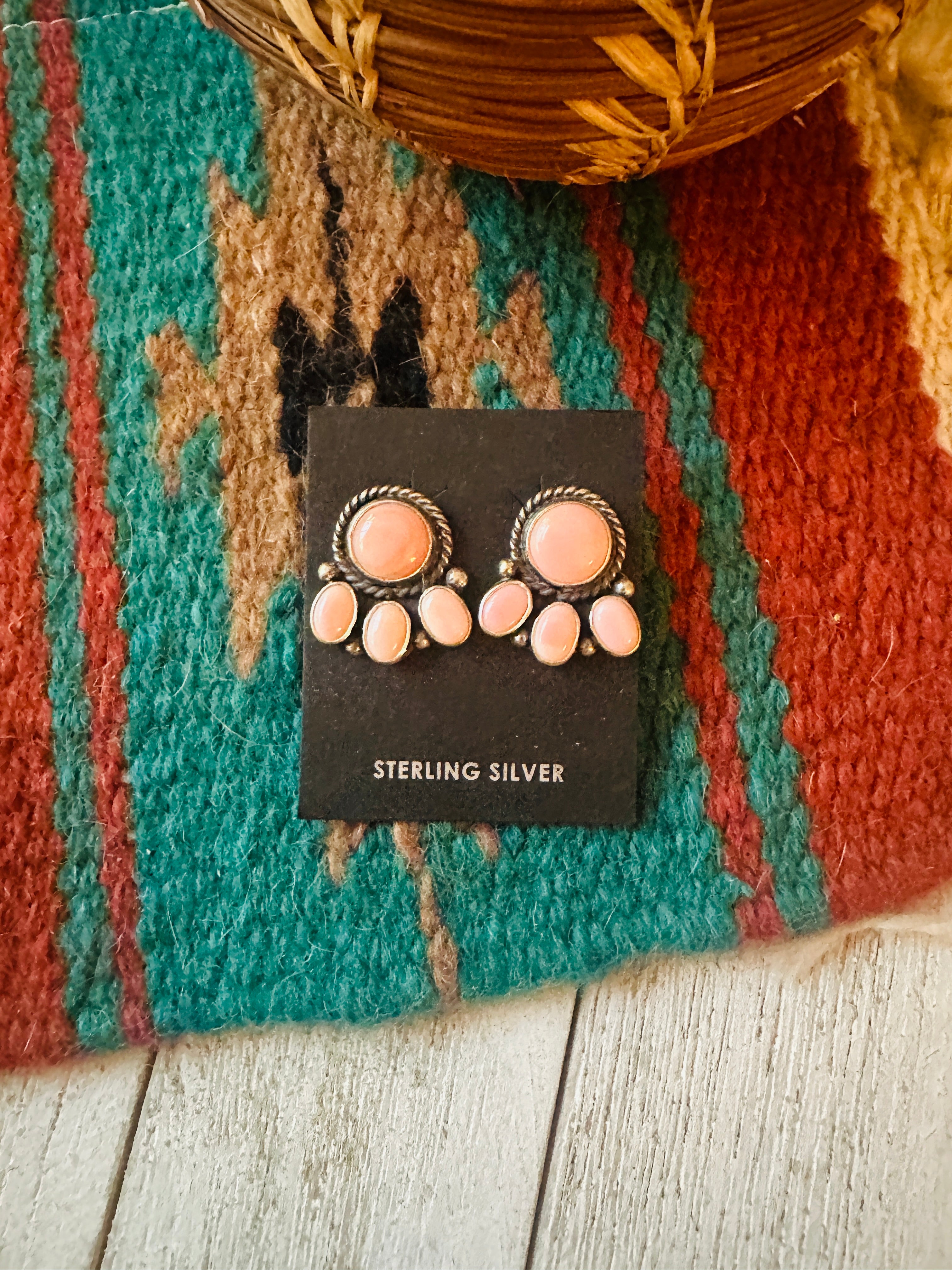 Navajo Sterling Silver & Queen Pink Conch Cluster Post Earrings