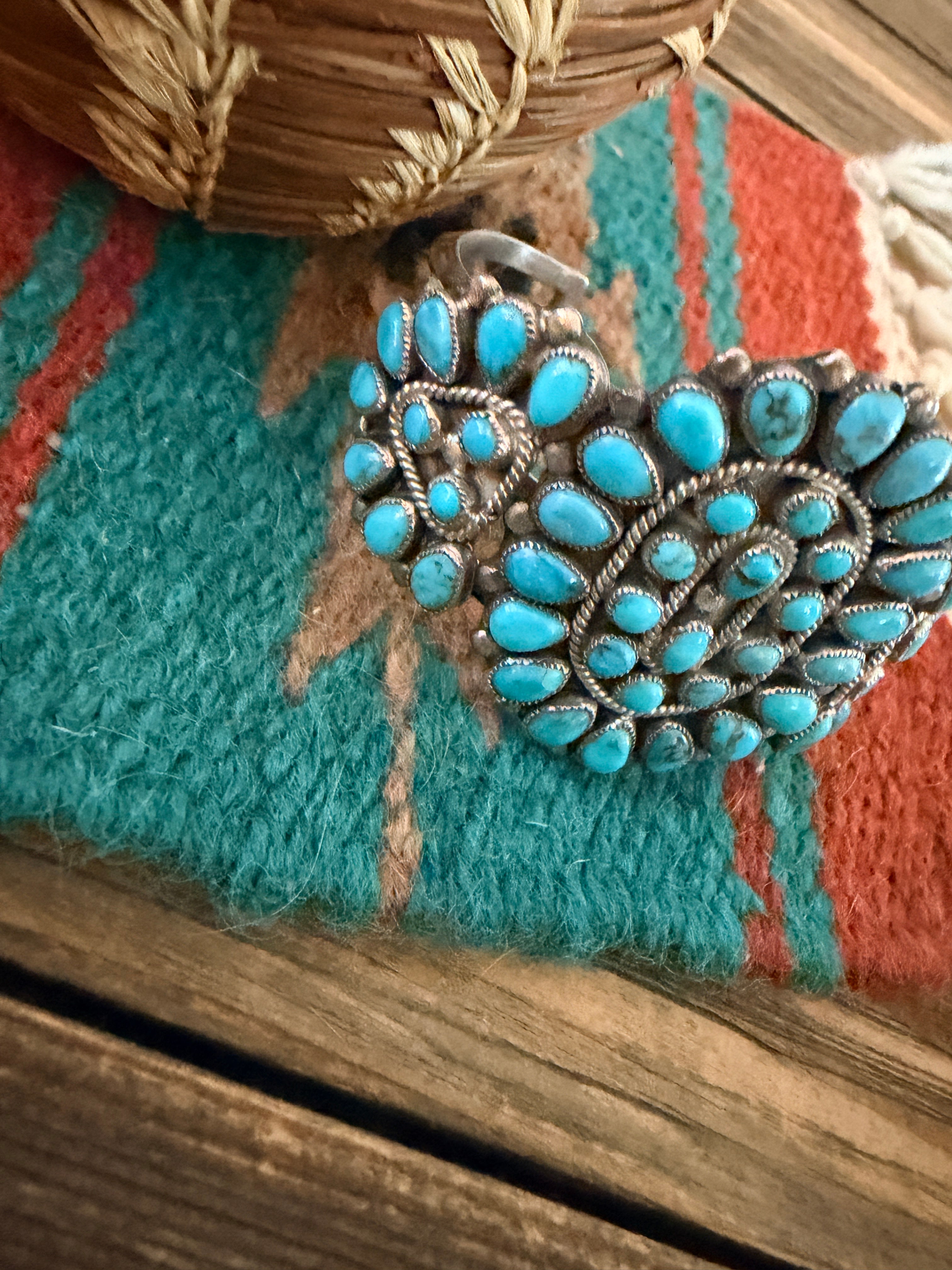 Handcrafted Old Pawn Sterling Silver & Turquoise Cluster Cuff Bracelet