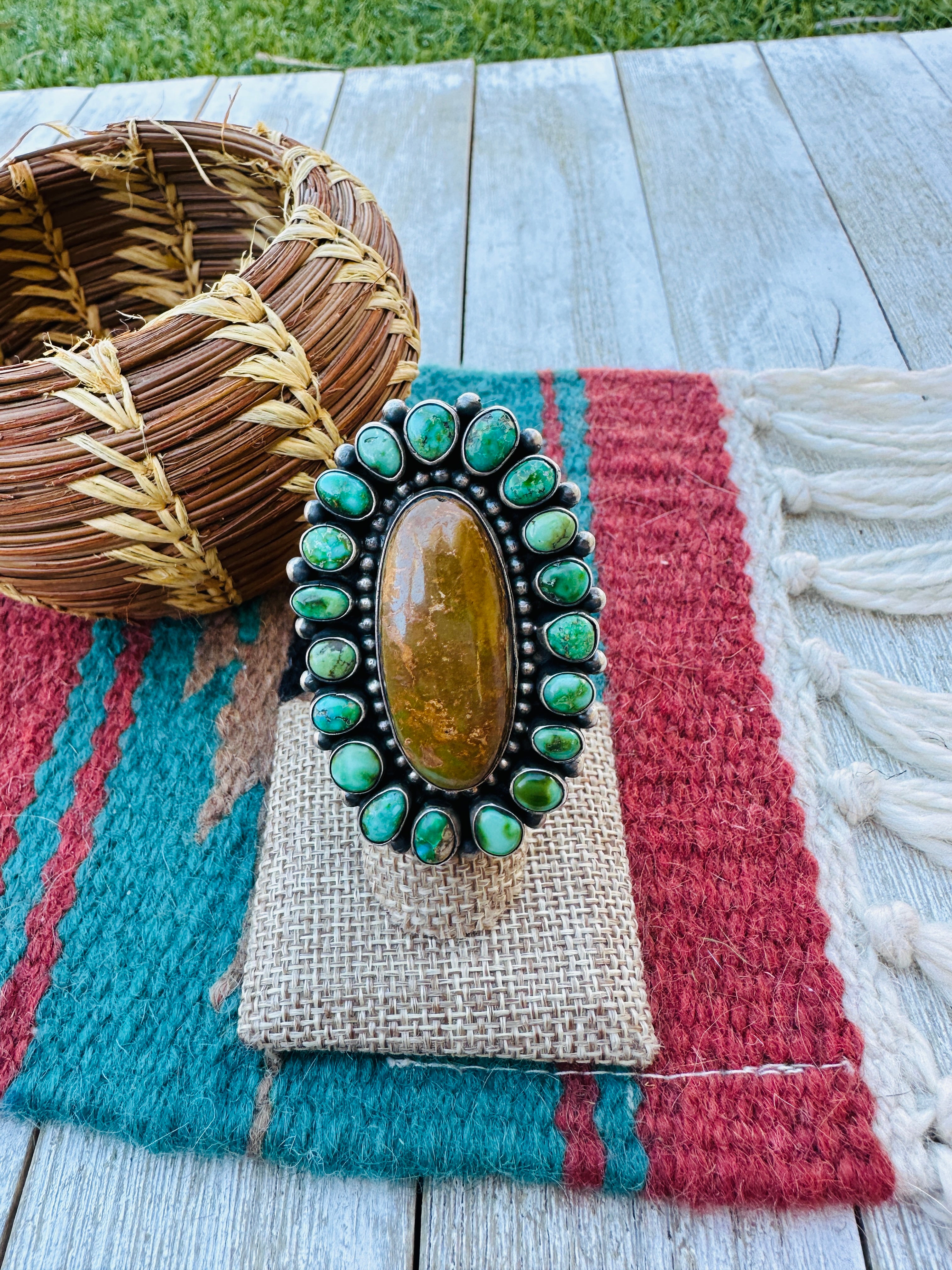 Handcrafted Royston Turquoise & Sterling Silver Cluster Ring Size 7 by Blaine Yellowhorse