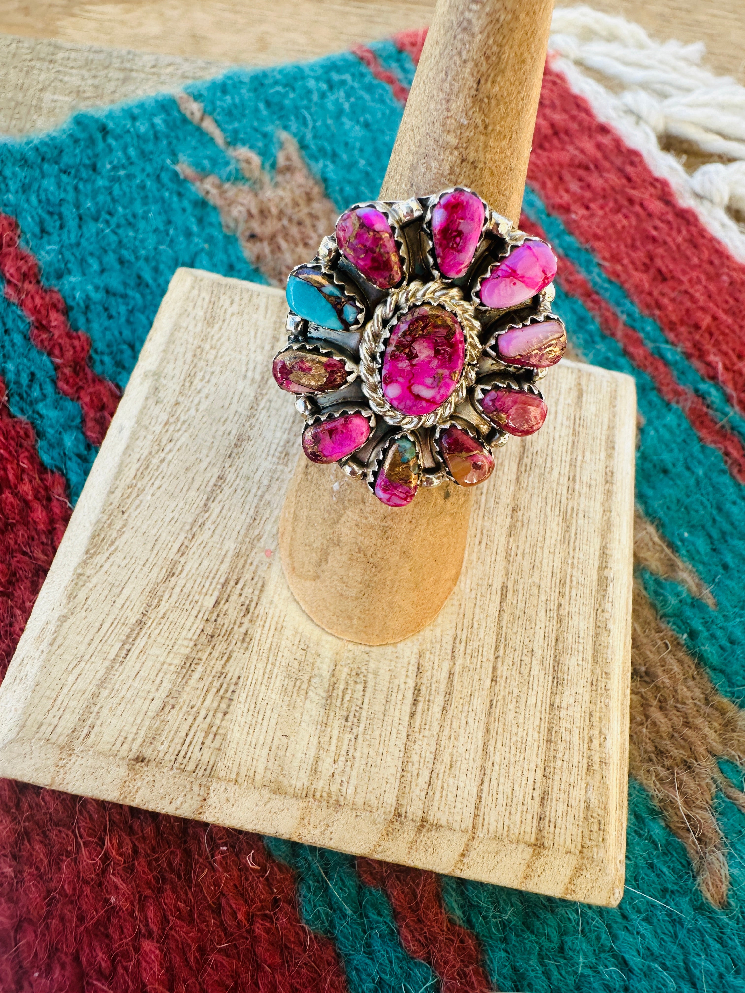 Navajo Pink Dream  & Sterling Silver Cluster Adjustable Ring