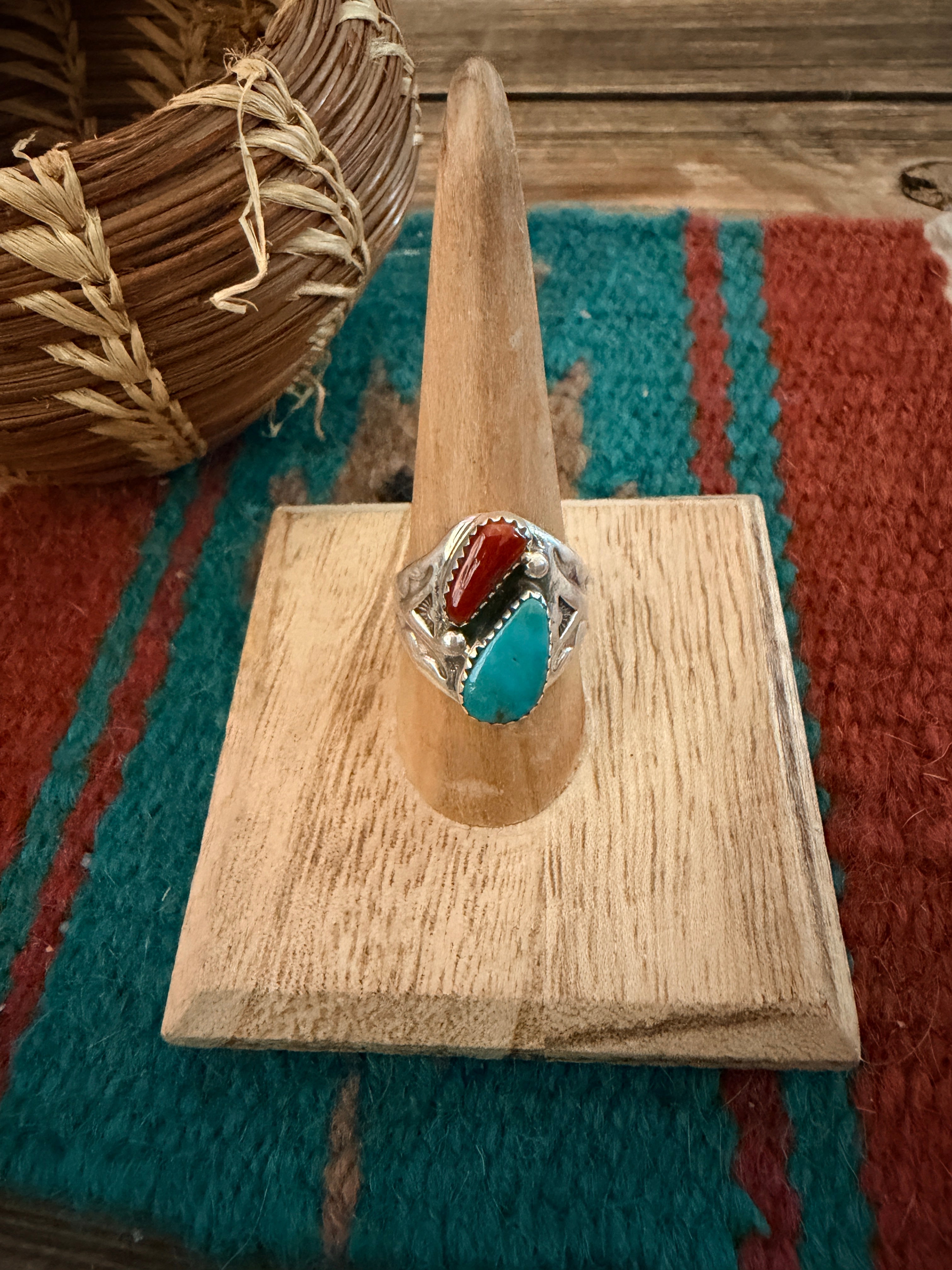 Handcrafted Turquoise, Coral & Sterling Silver Ring Size 8.25