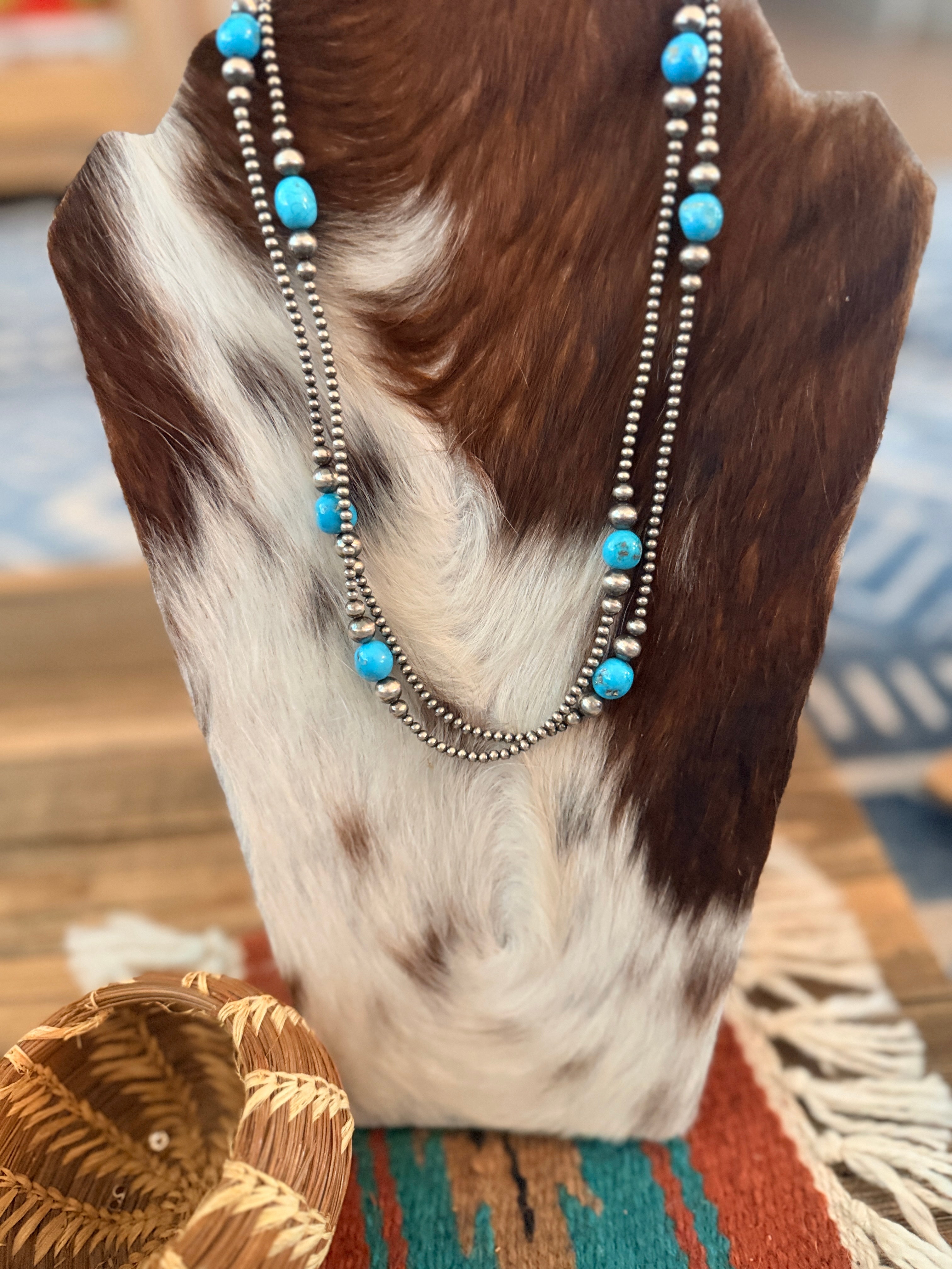 Handcrafted Turquoise & Sterling Silver Pearl Beaded 40” Necklace