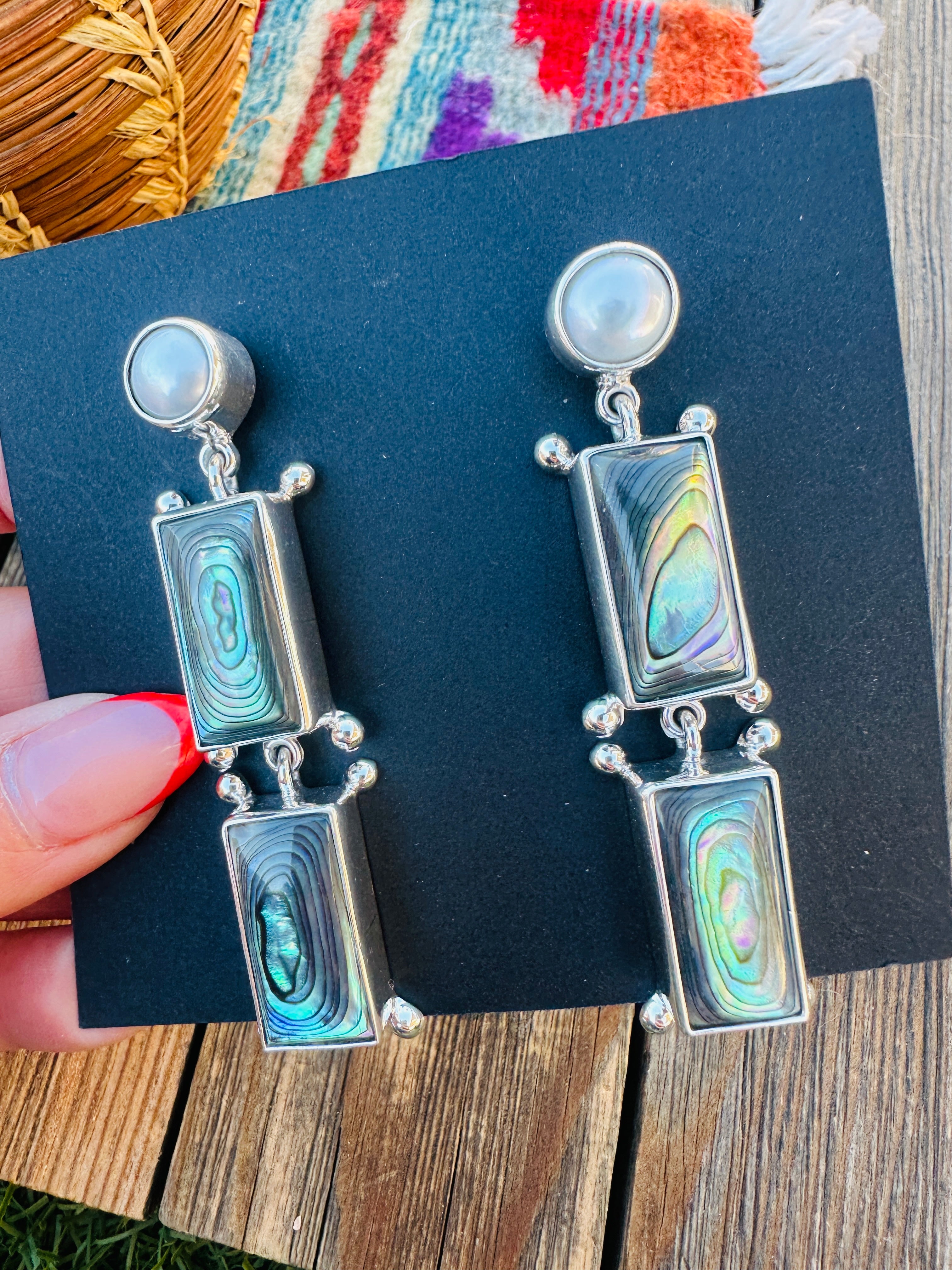 Handcrafted Abalone, Mother of Pearl & Sterling Silver Dangle Earrings by Federico Jimenez