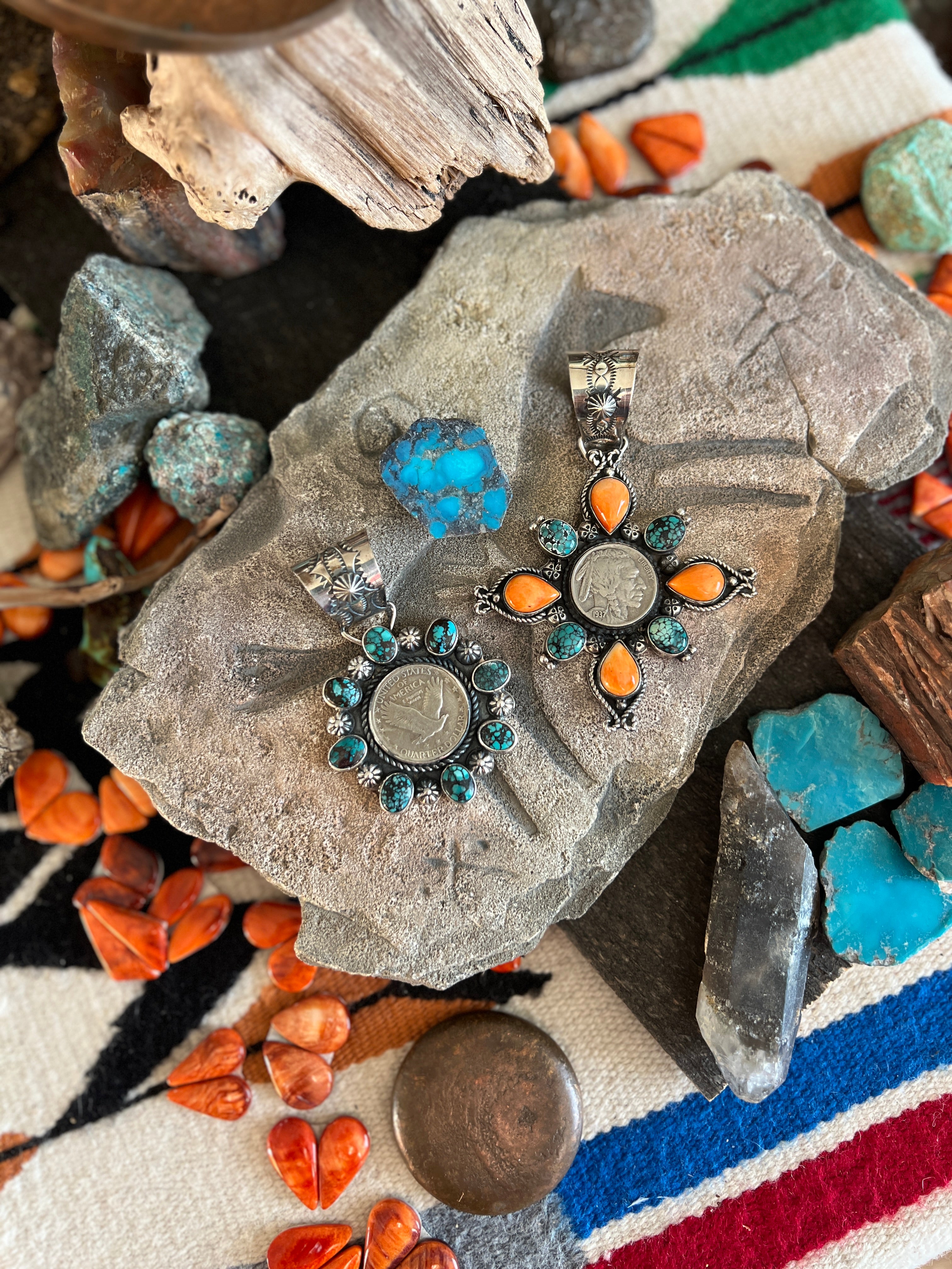 Rosella Paxson Sterling Silver, Liberty Quarter and Hubei Turquoise Cluster Pendant