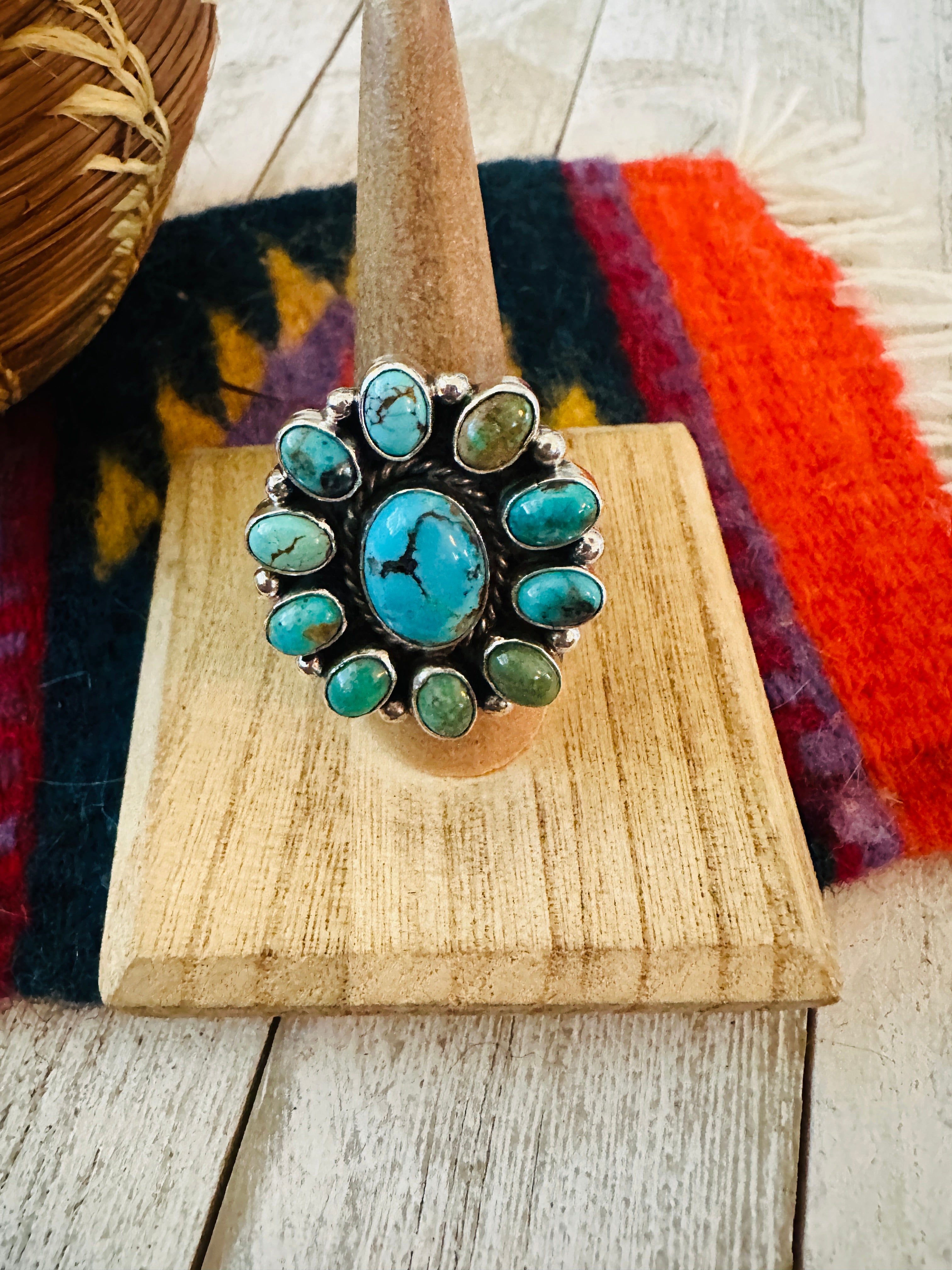 Navajo Sterling Silver & Turquoise Cluster Adjustable Ring