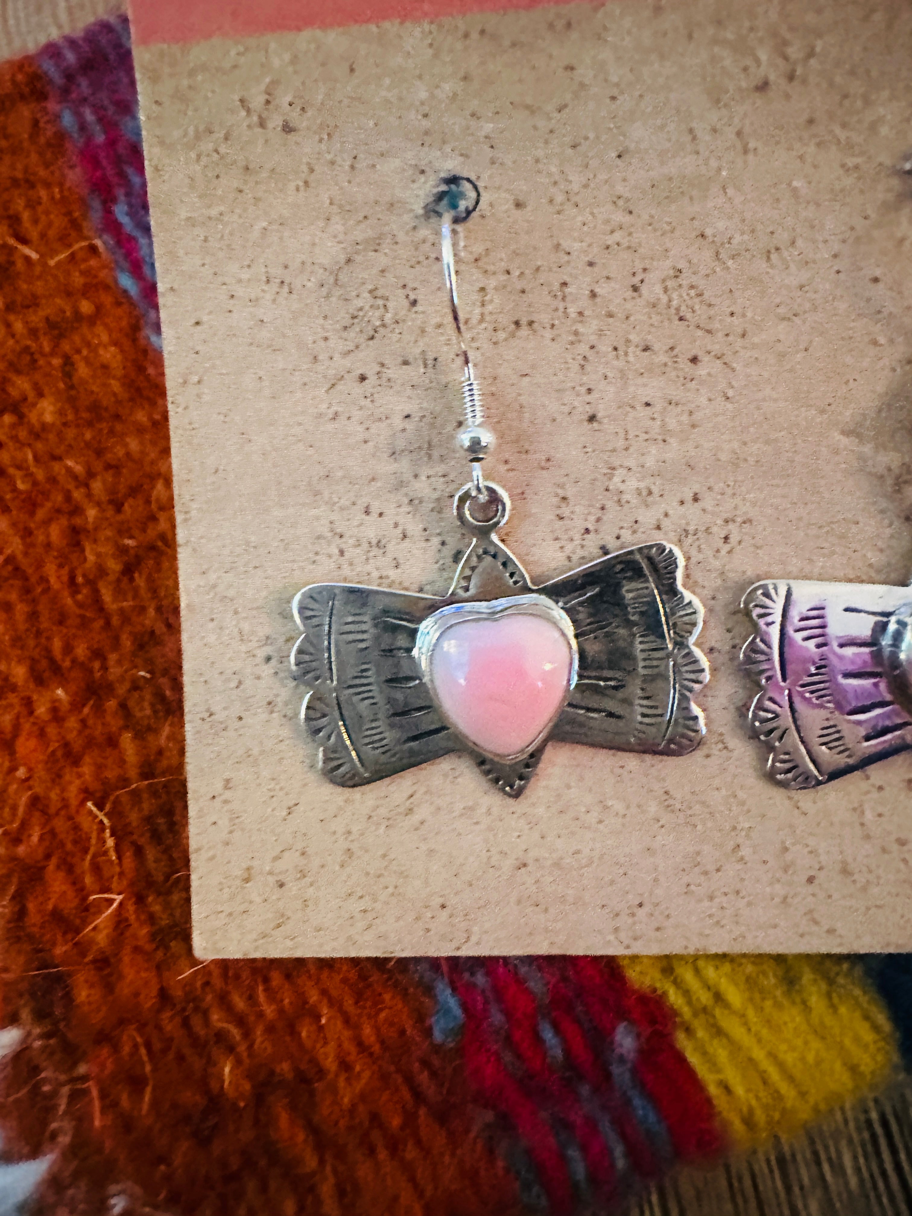 Handcrafted Queen Pink Conch & Sterling Silver Heart Dangle Earrings