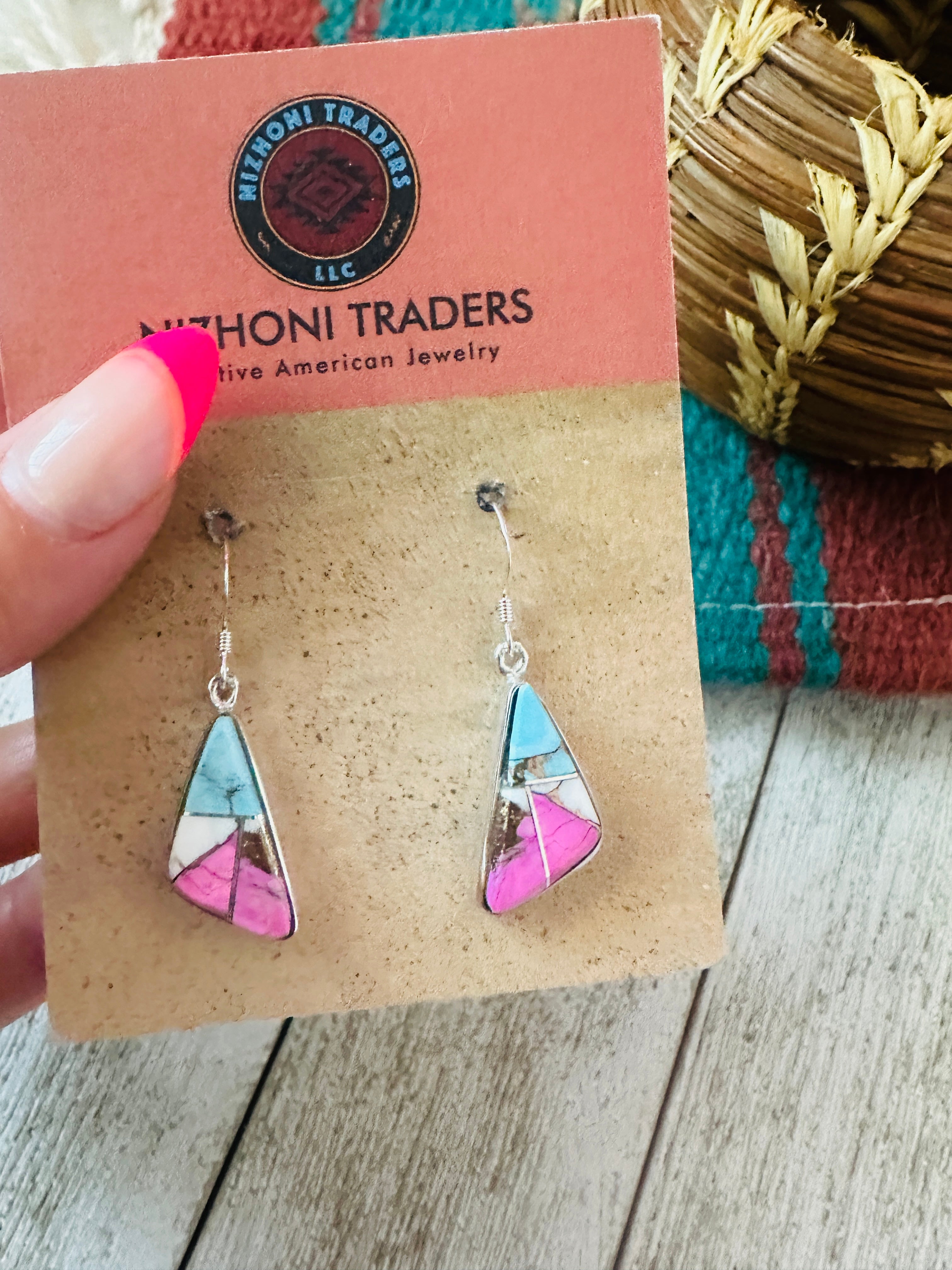Handcrafted Cotton Candy and Sterling Silver Inlay Dangle Earrings