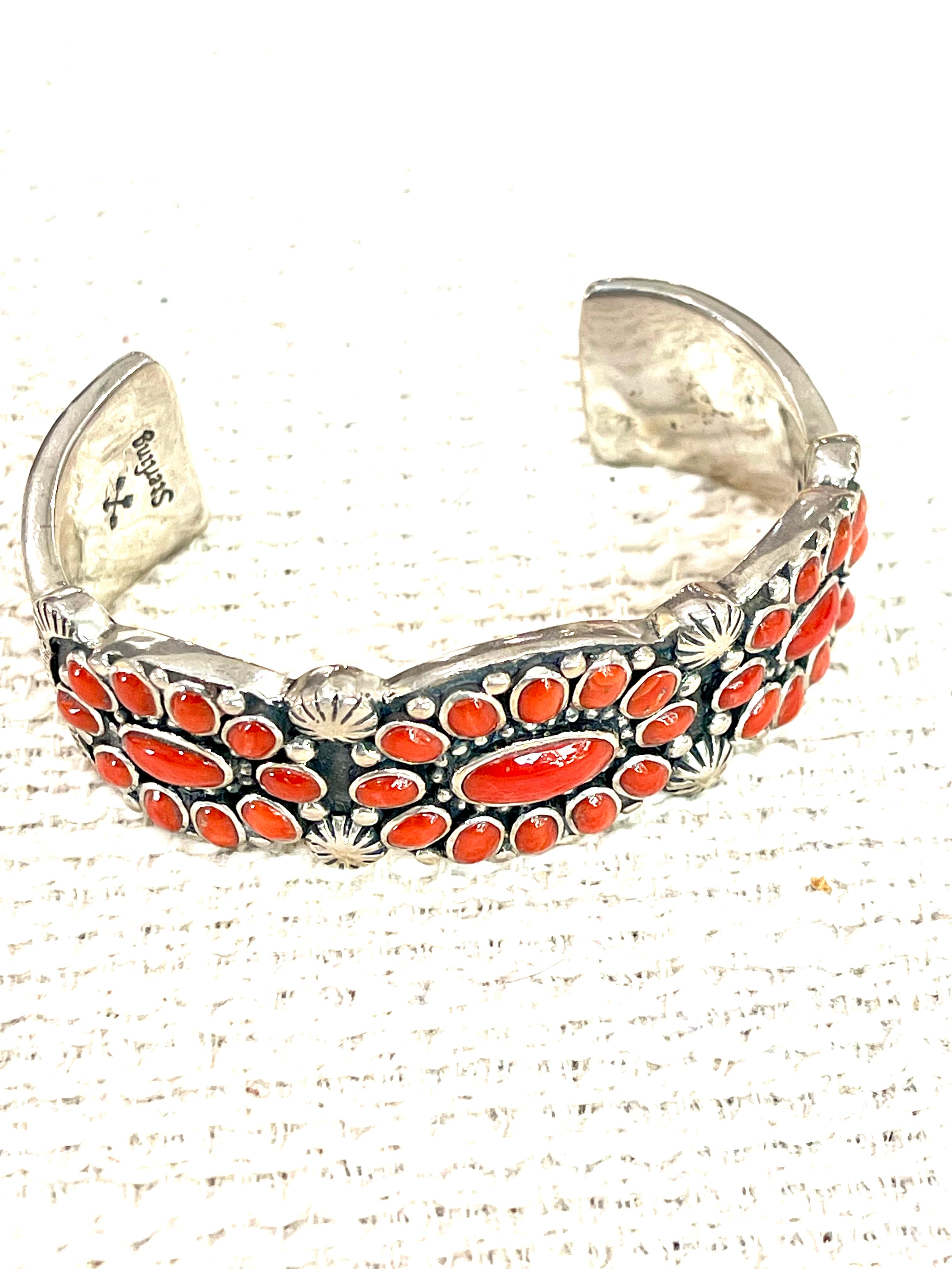 Handmade Coral & Sterling Silver Cluster Cuff Bracelet /