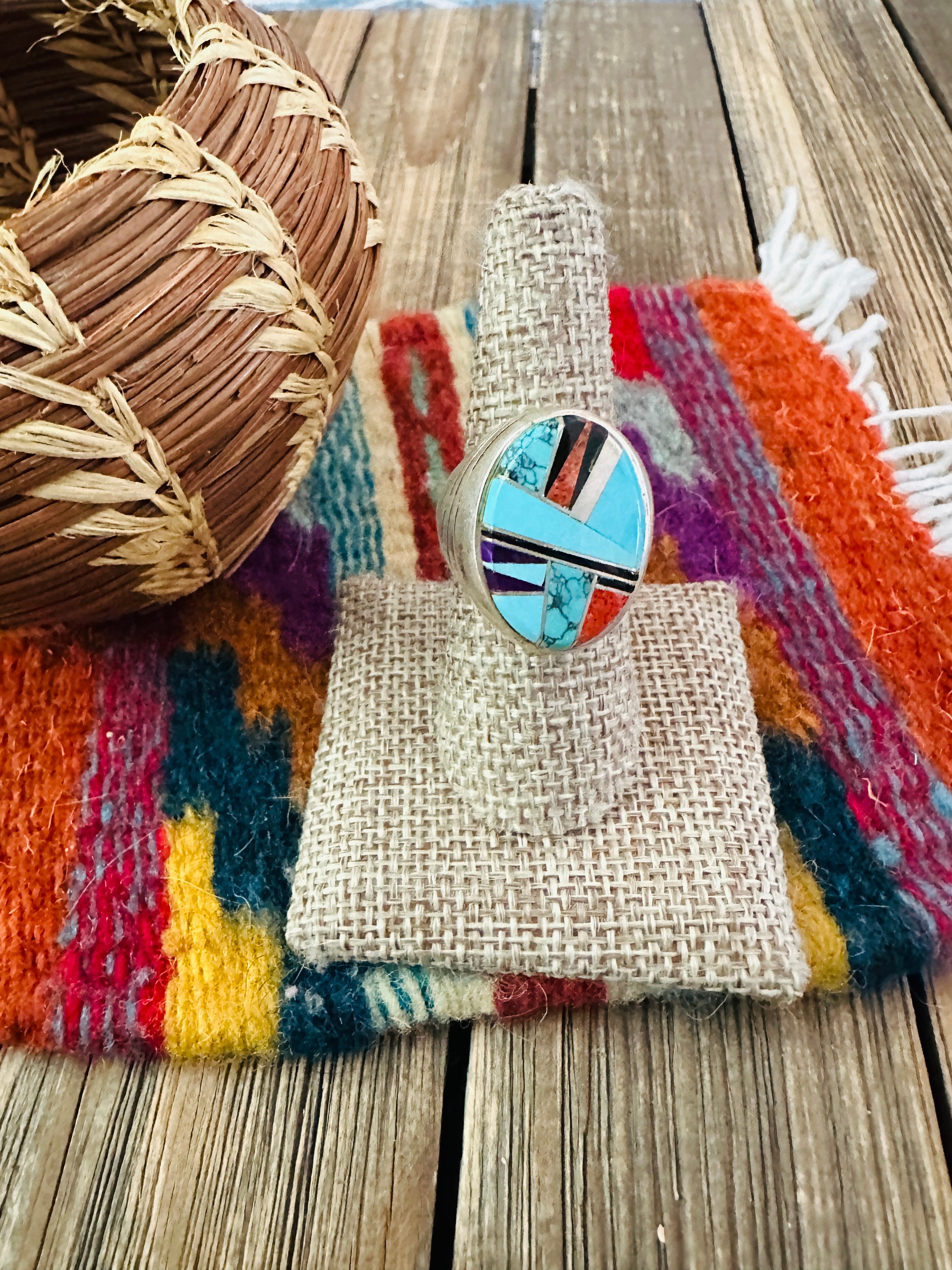 Old Pawn Handcrafted Multi Stone & Sterling Silver Inlay Ring Size 7.5 by Calvin Begay