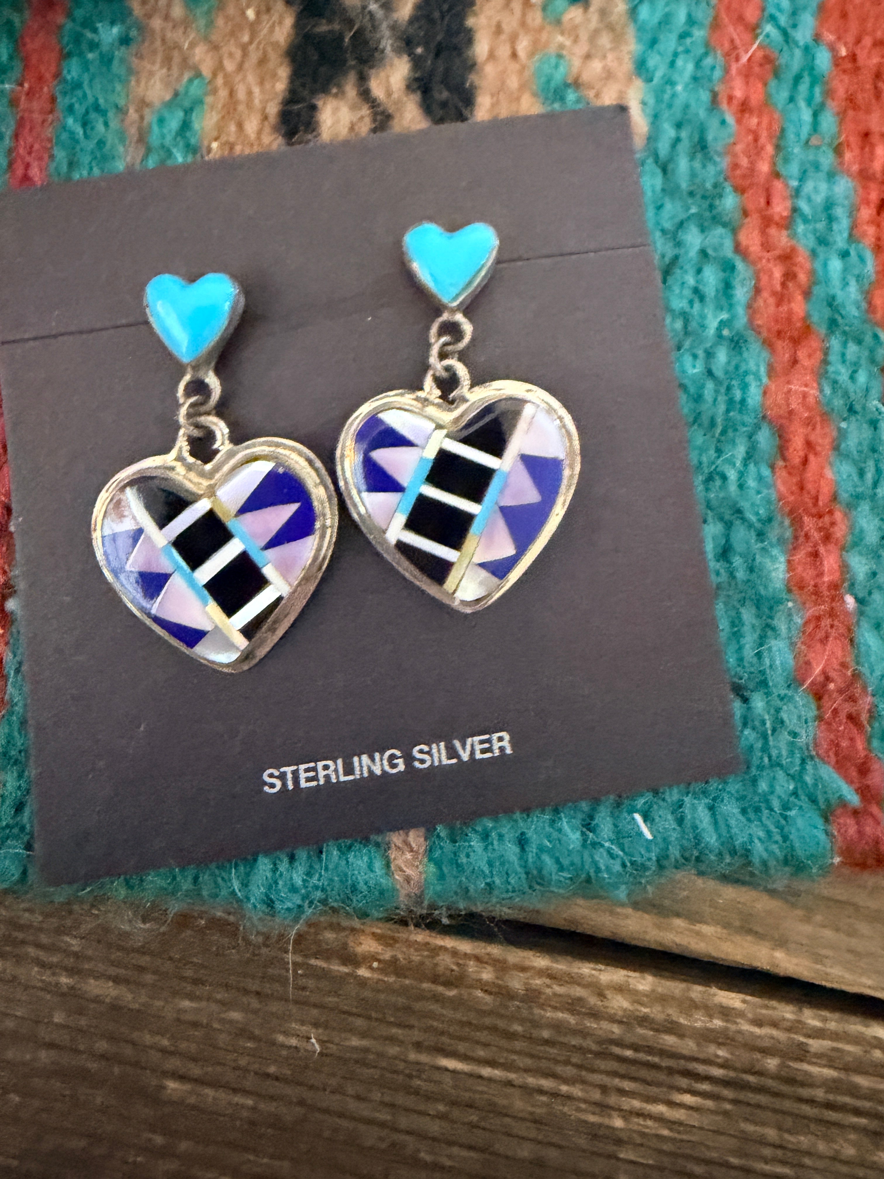 Old Pawn Handcrafted Sterling Silver & Multi Stone Inlay Heart Dangle Earrings