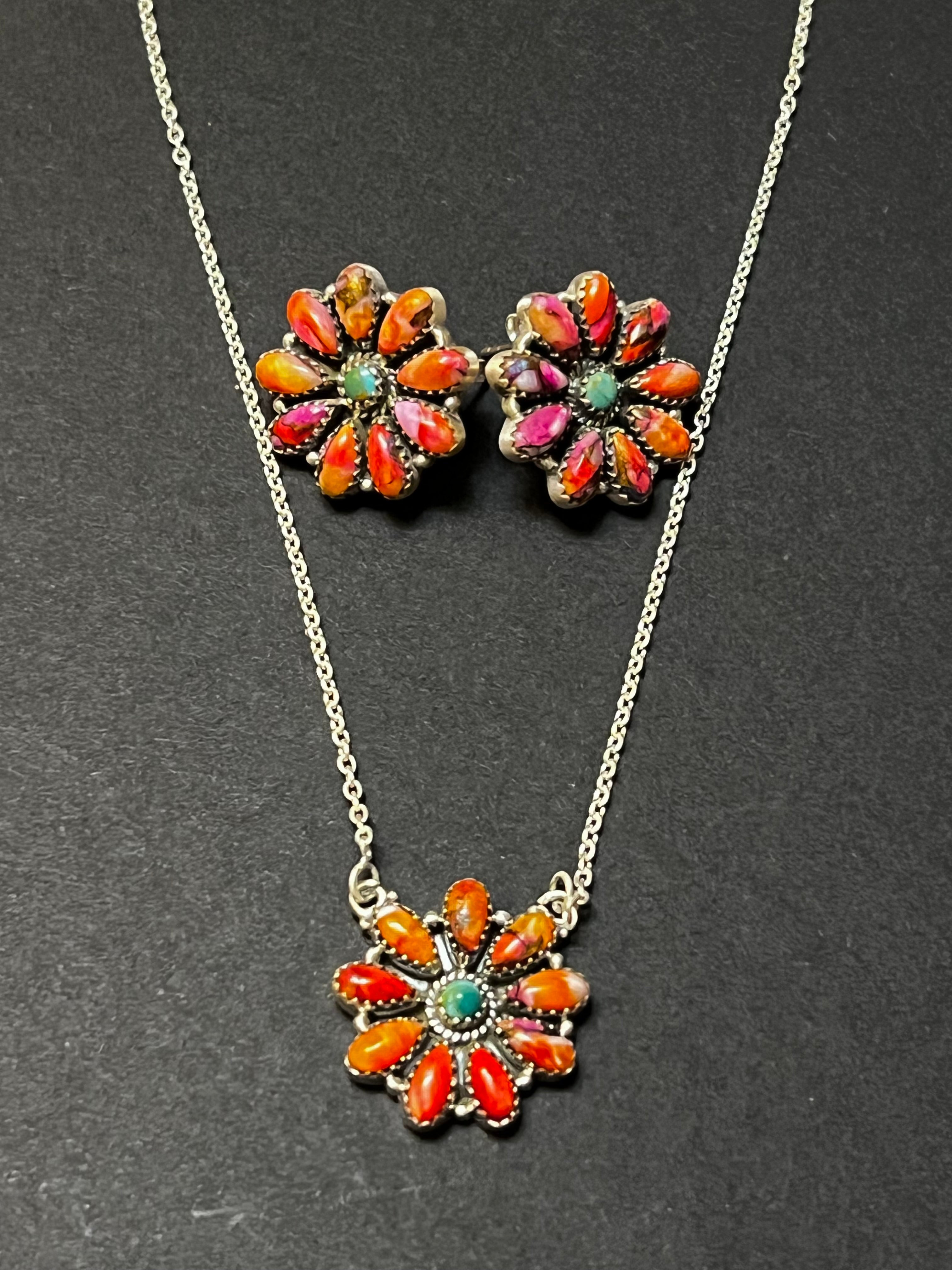 Handmade Sterling Silver Orange Dream Cluster Necklace & Earring Set