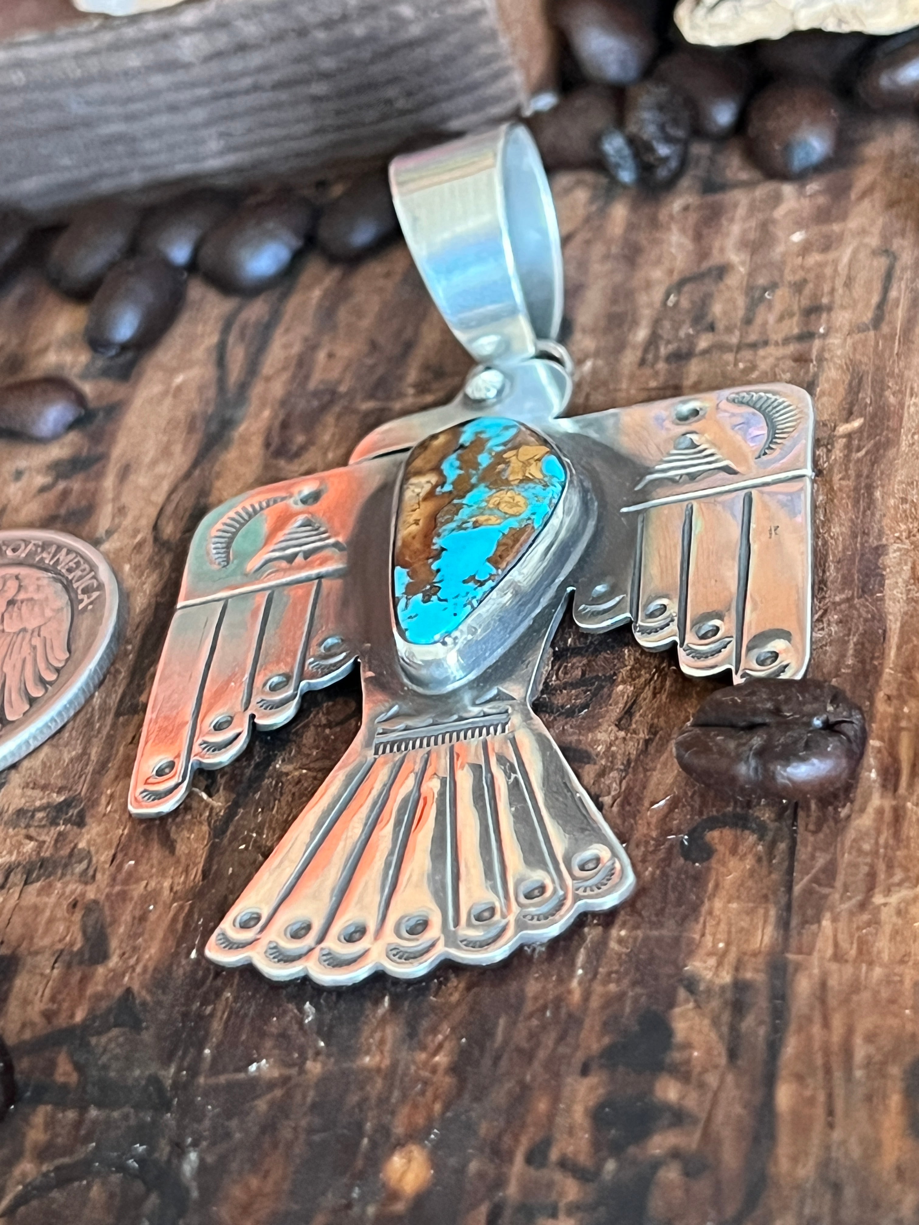 Hand Stamped Sterling Silver & Pilot Mountain Turquoise Thunderbird Pendant by Kimari Somers