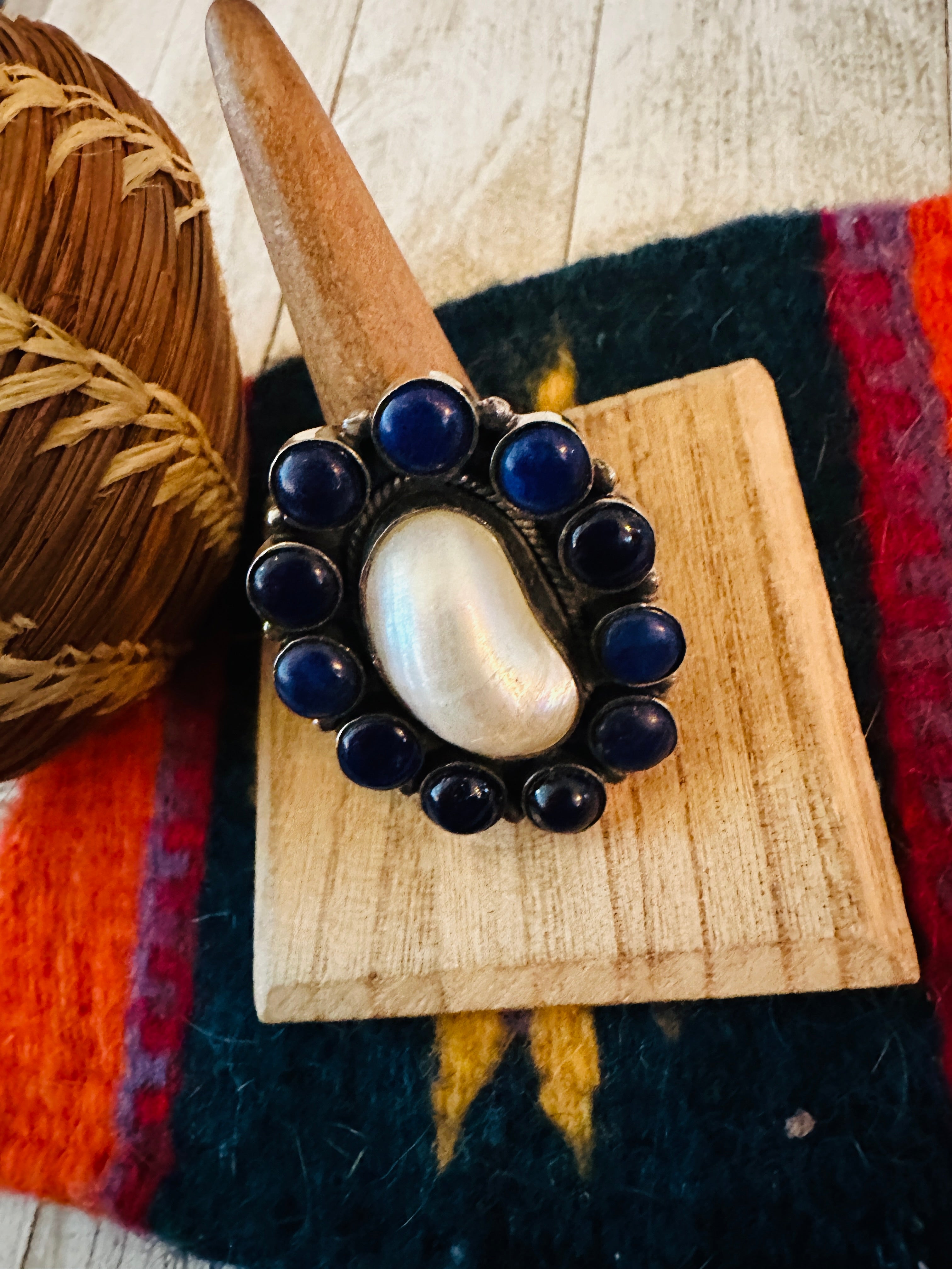 Navajo Sterling Silver, Lapis & Pearl Cluster Ring Size 8.5