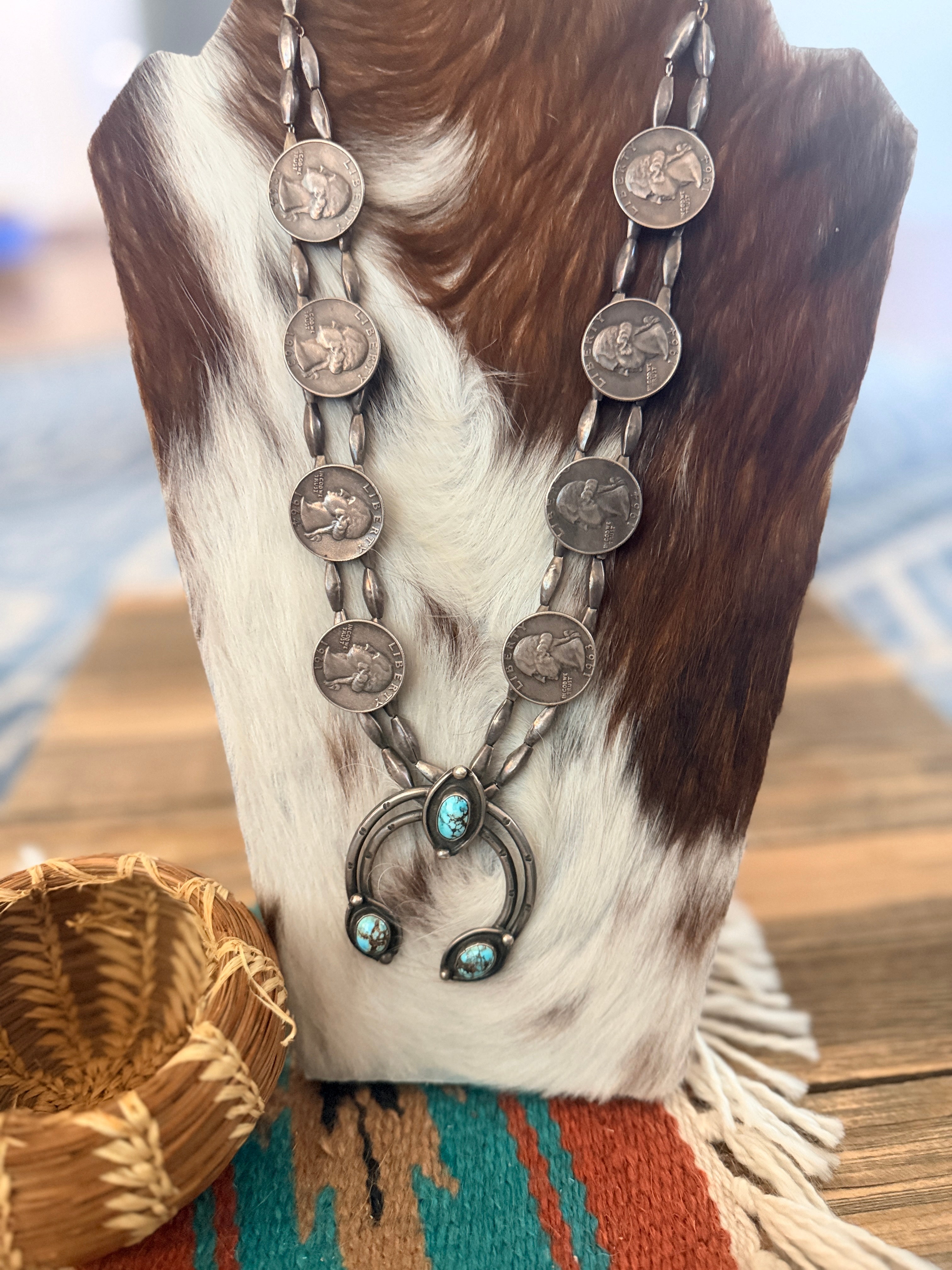 Old Pawn Handcrafted Turquoise & Sterling Silver Liberty Coin Squash Blossom Necklace