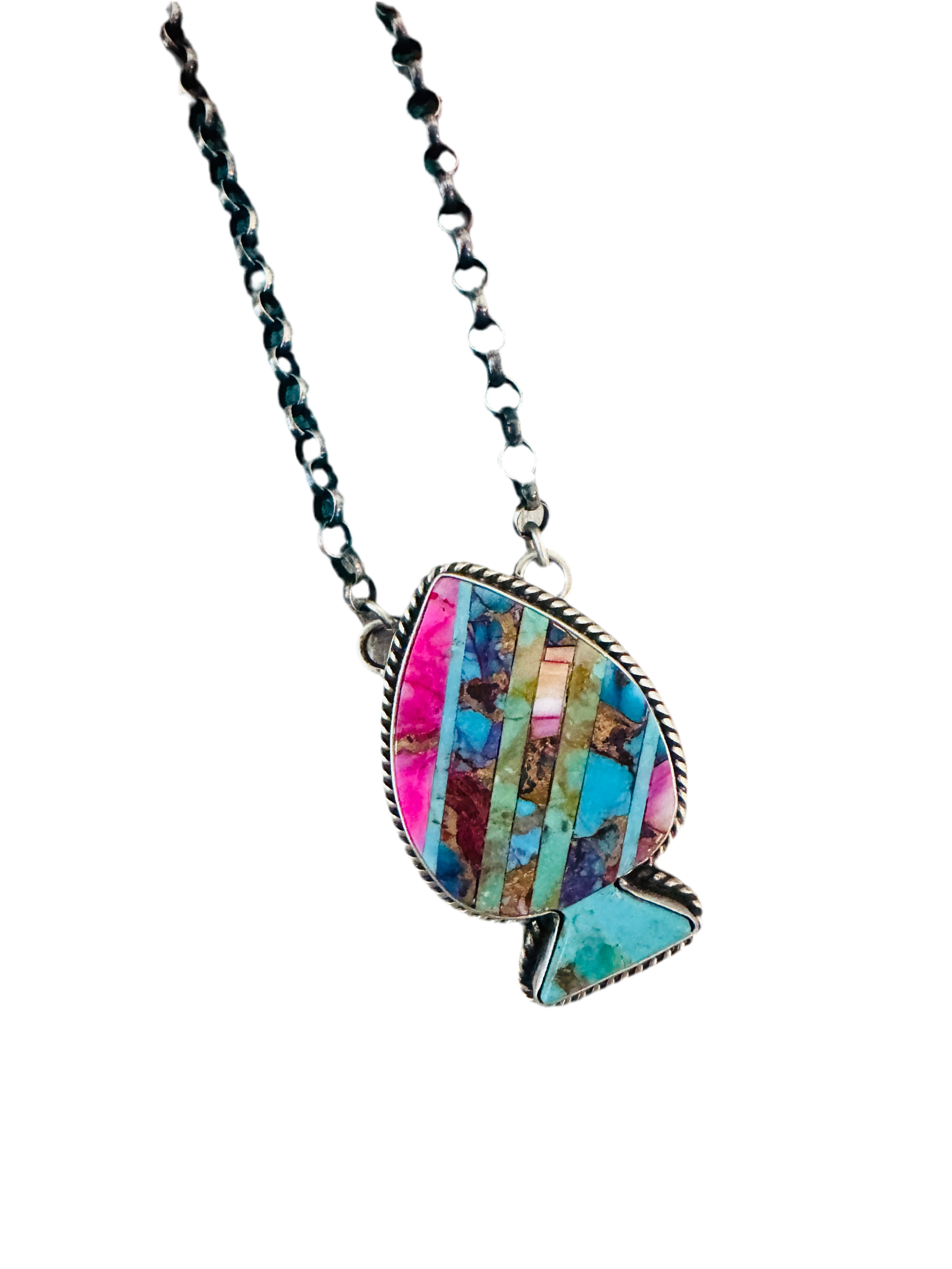 Navajo Sterling Silver & Multi Stone Inlay Spade Necklace