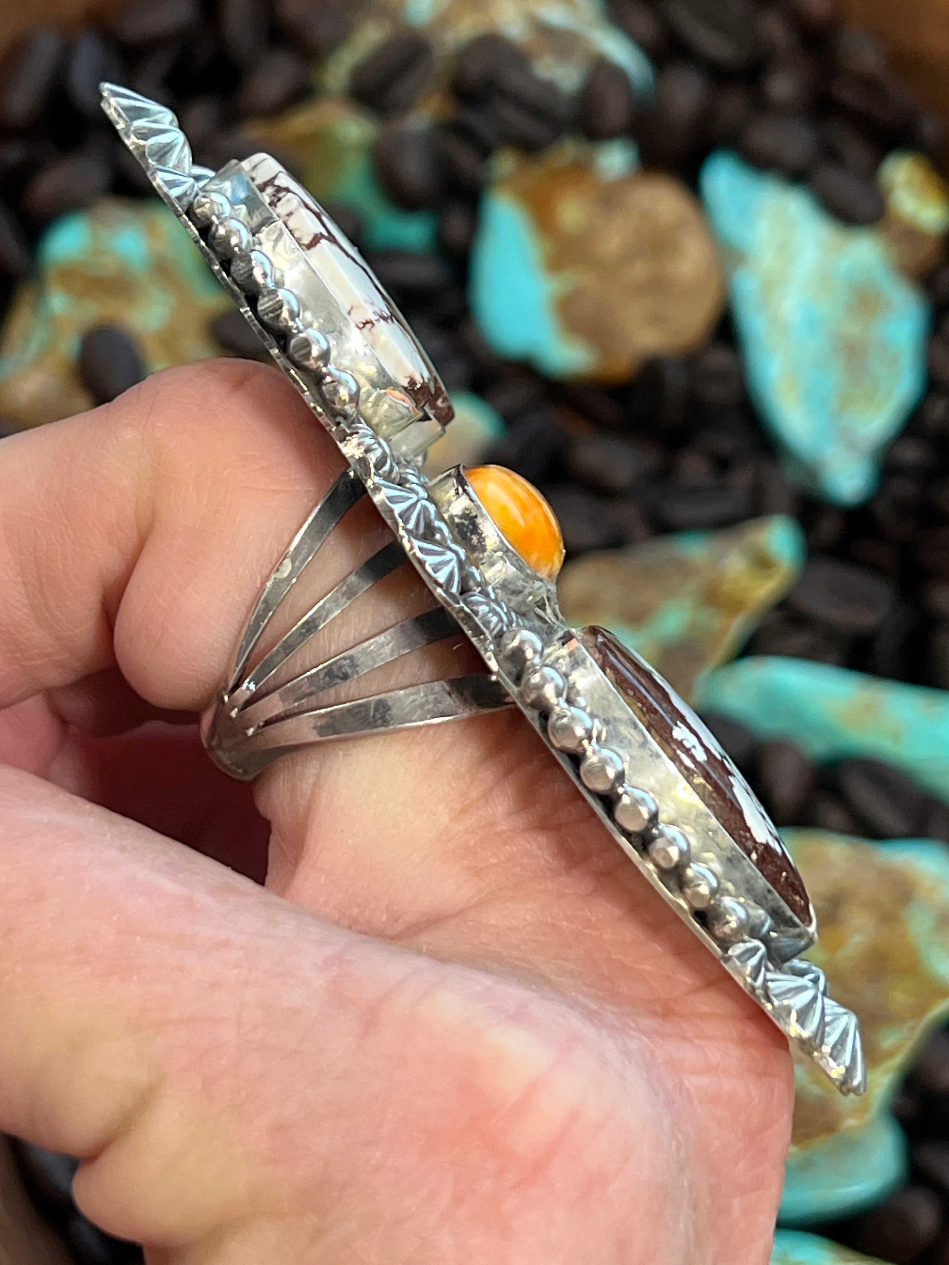 Apache Sterling Silver, Wild Horse Heart and Spiny Oyster Shell Statement Ring by Rosella Paxson, Size 9