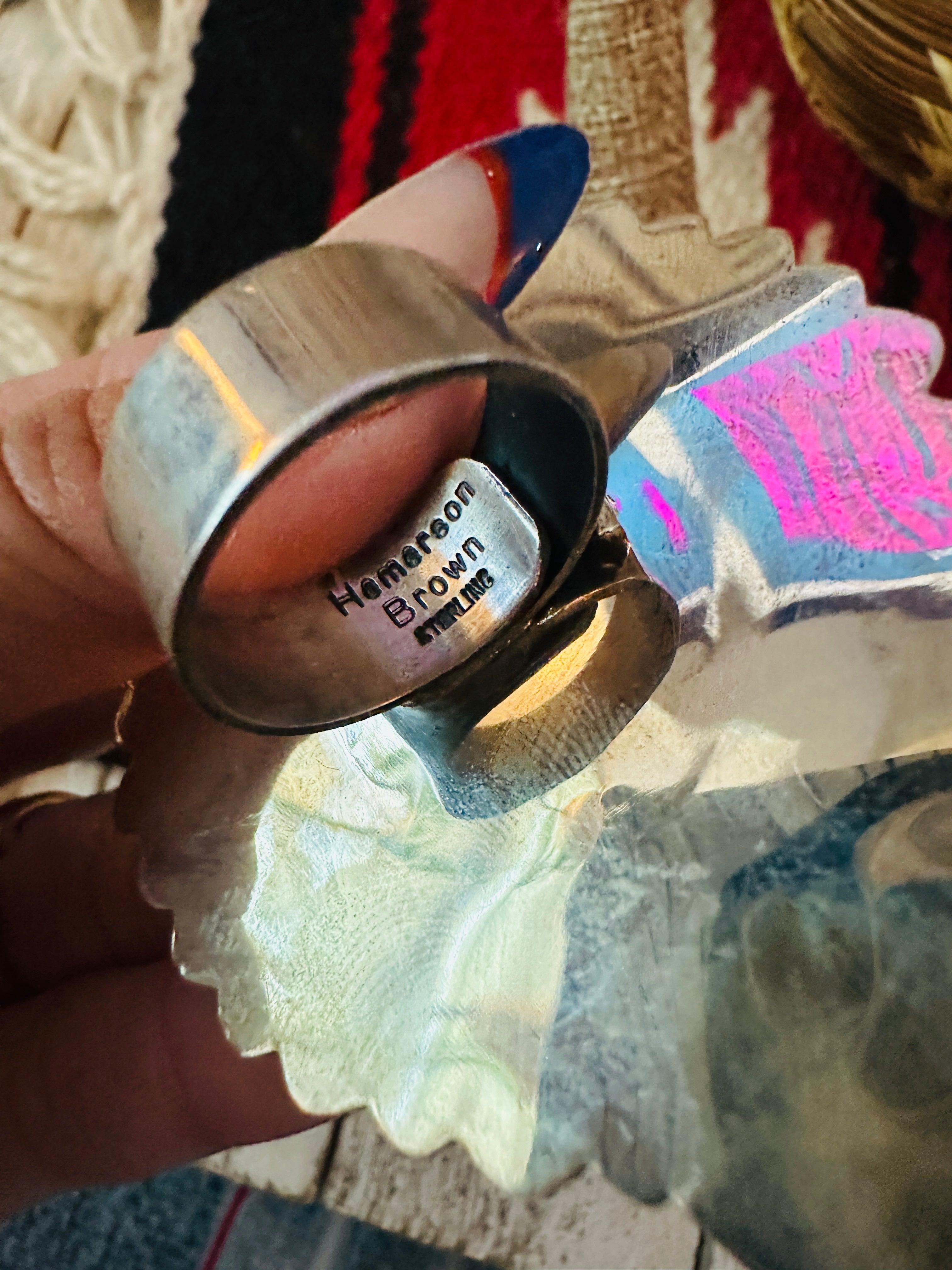 Handcrafted Sterling Silver, Queen Pink Conch & Turquoise Cluster Adjustable Ring by Hemerson Brown