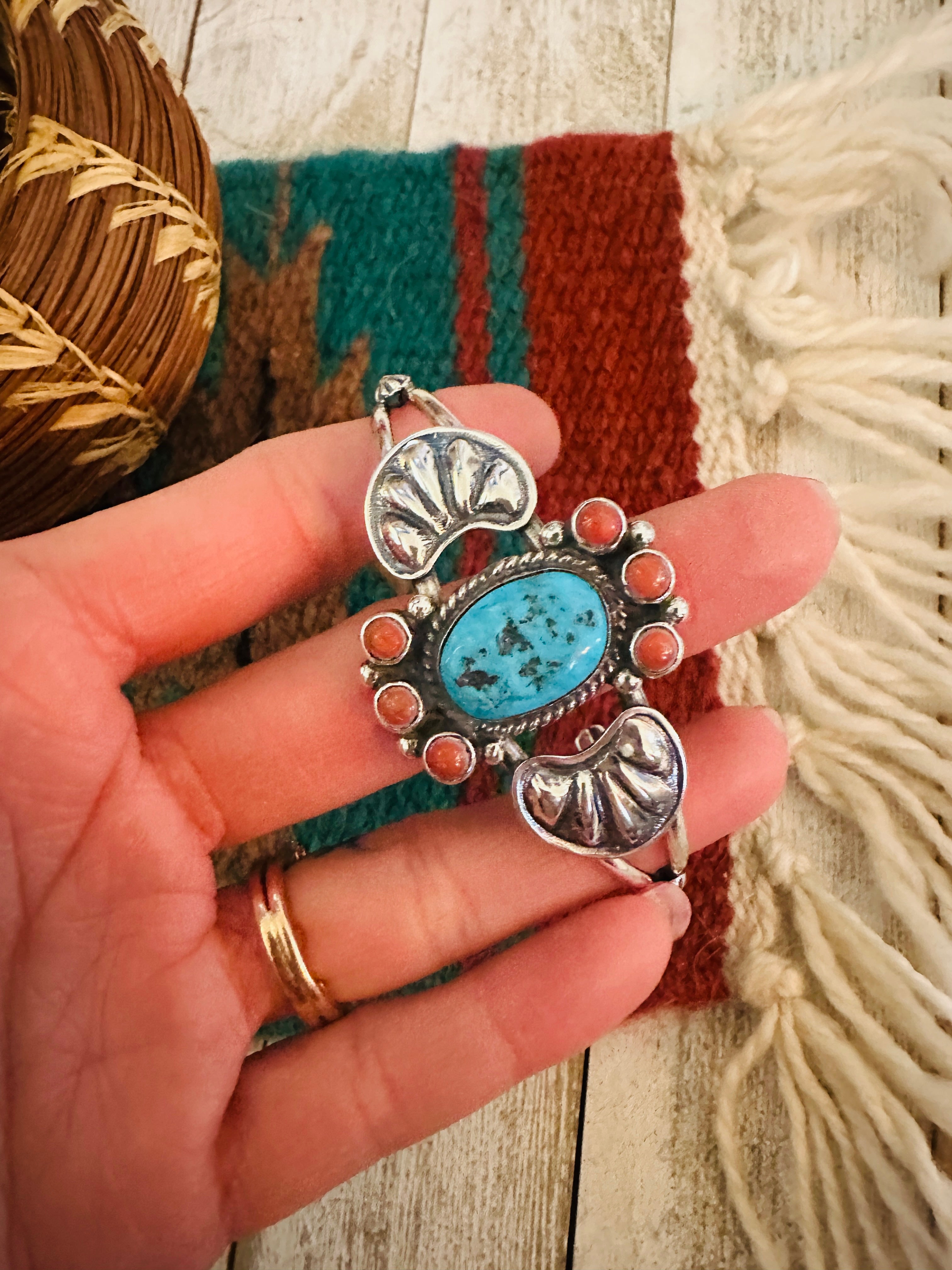 Navajo Turquoise, Coral & Sterling Silver Cluster Cuff Bracelet