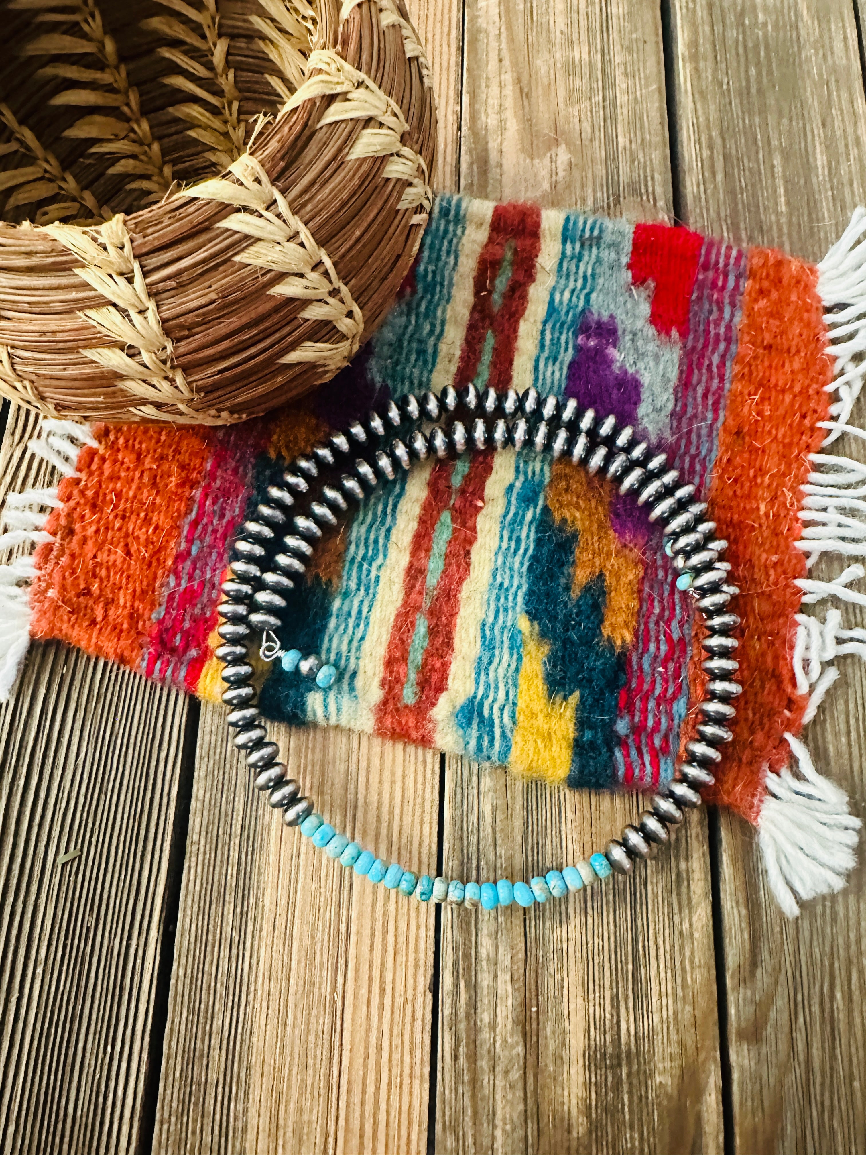 Handcrafted Turquoise & Sterling Silver Beaded Wrap Choker Necklace