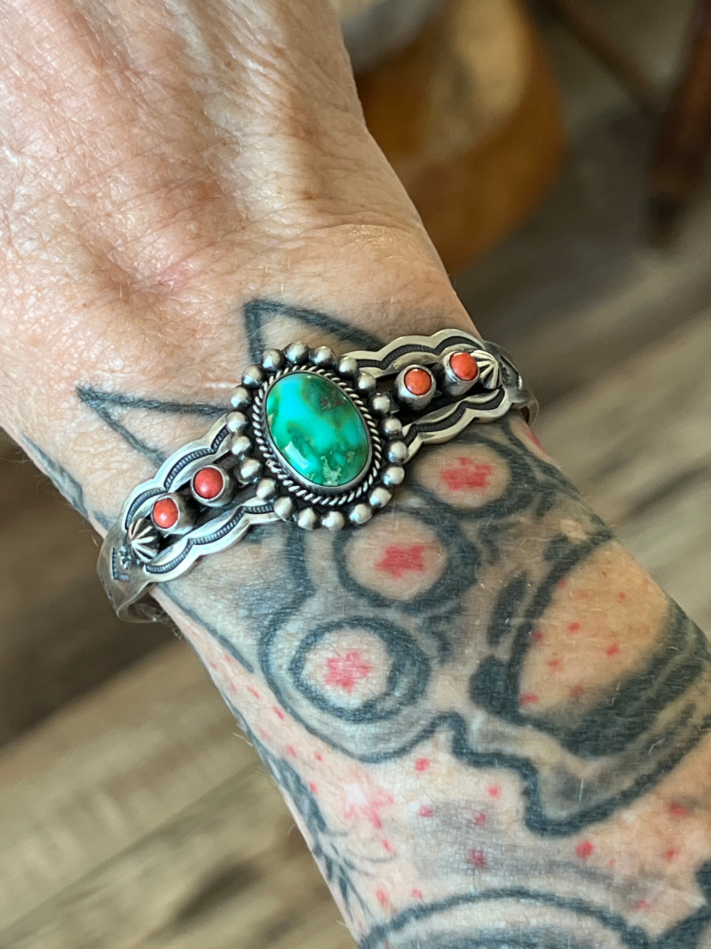 Handcrafted Sterling Silver, Sonoran Mountain Turquoise and Spiny Oyster Cuff Bracelet by Raymond Coriz