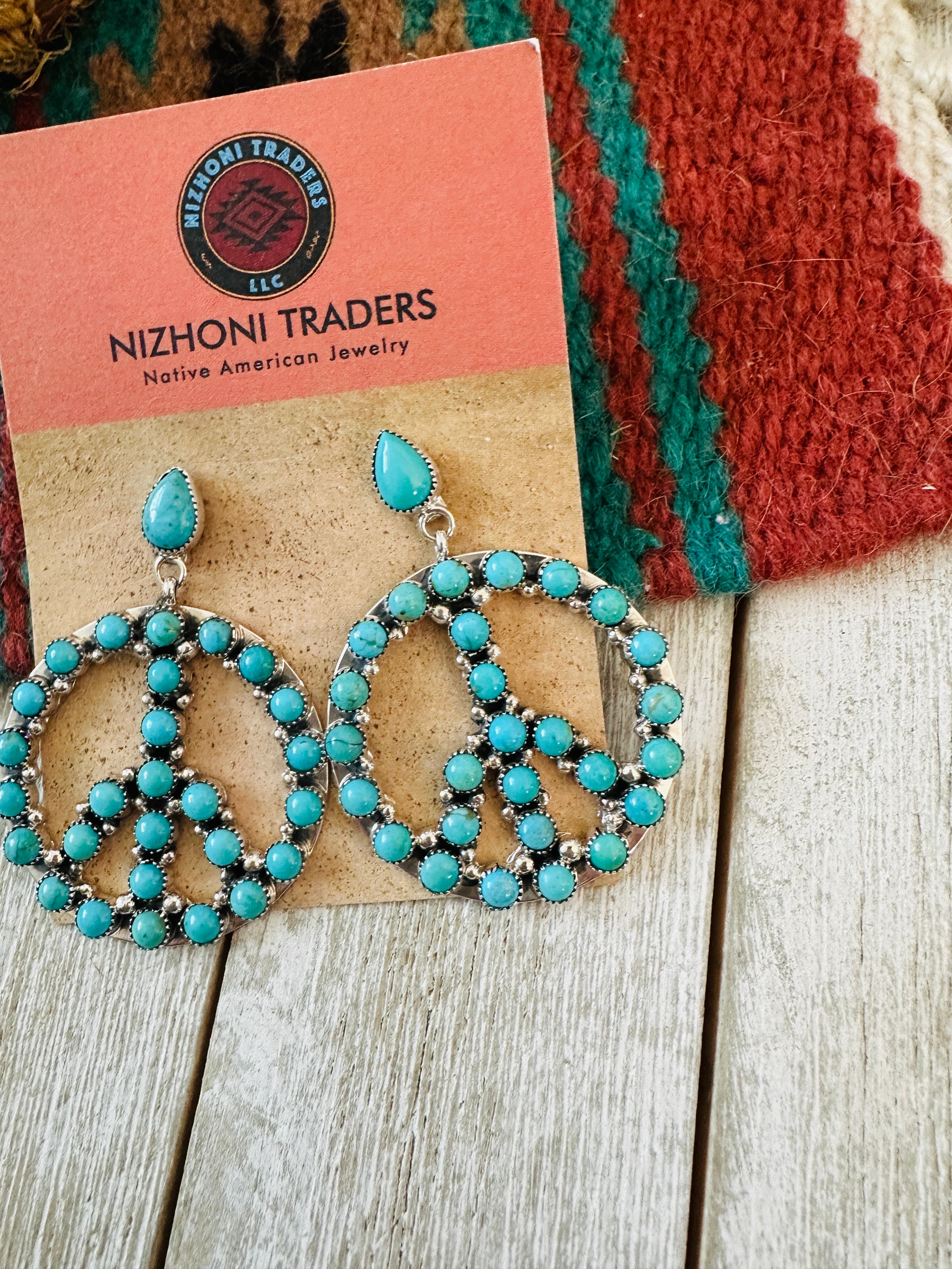 Handcrafted Turquoise & Sterling Silver Peace Sign Dangle Earrings