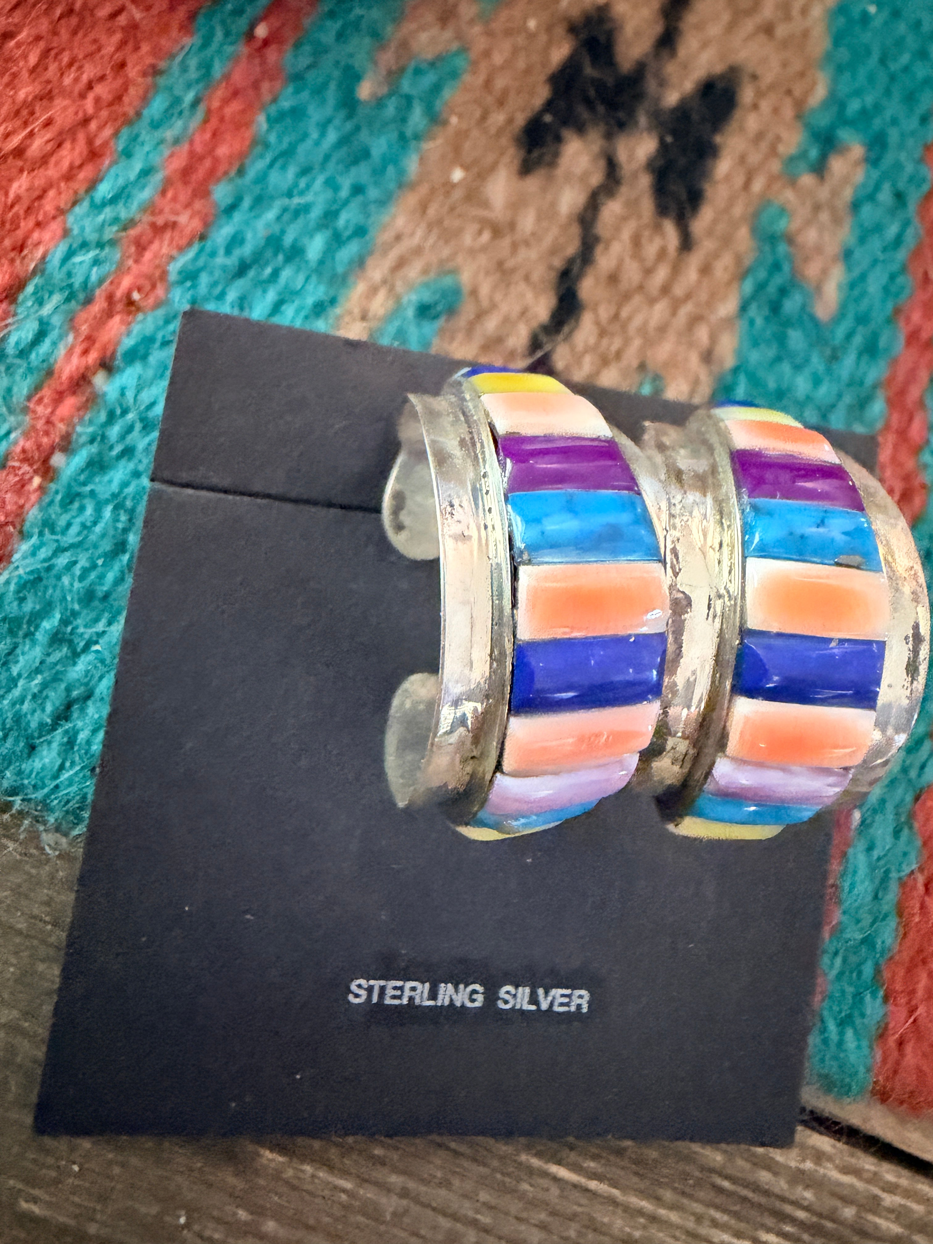 Old Pawn Handcrafted Sterling Silver & Multi Stone Inlay Hoop Earrings