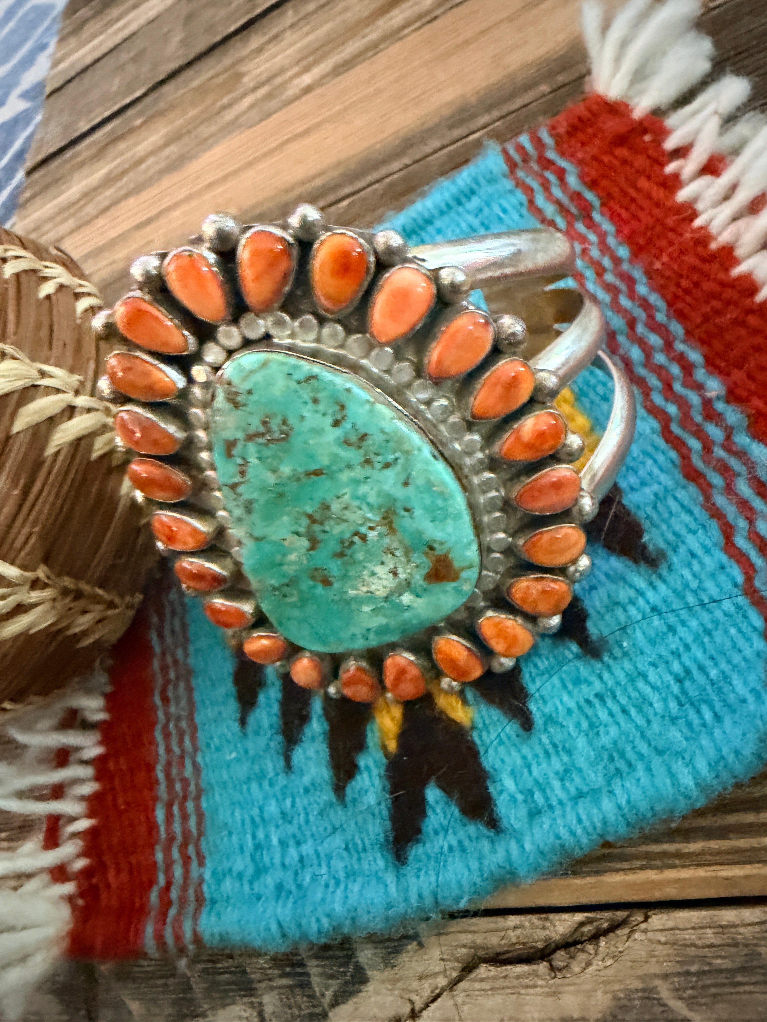 Handcrafted Spiny Oyster, Turquoise & Sterling Silver Cluster Cuff Bracelet