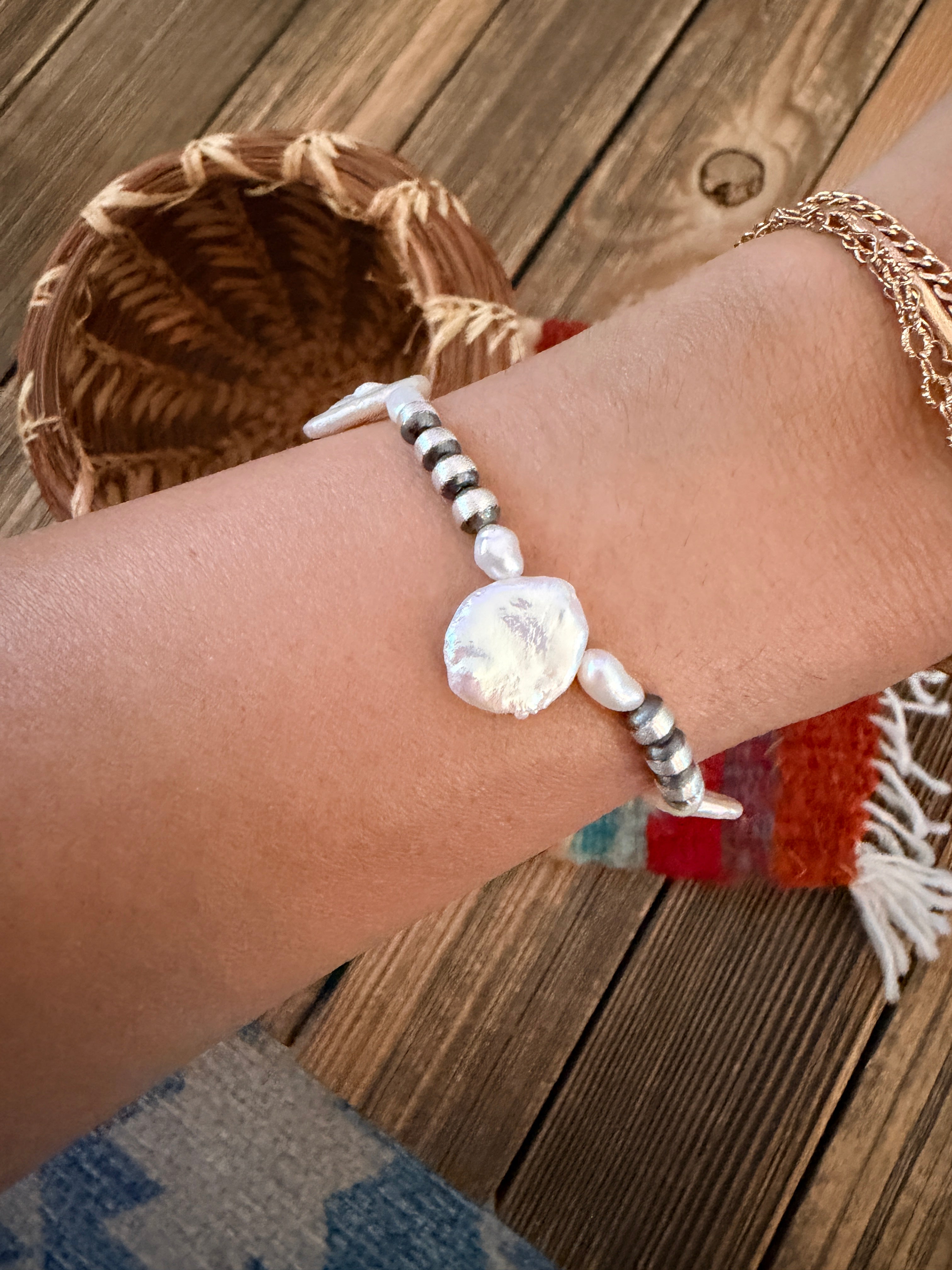 Handcrafted Mother of Pearl & Sterling Silver Pearl Beaded Stretch Bracelet