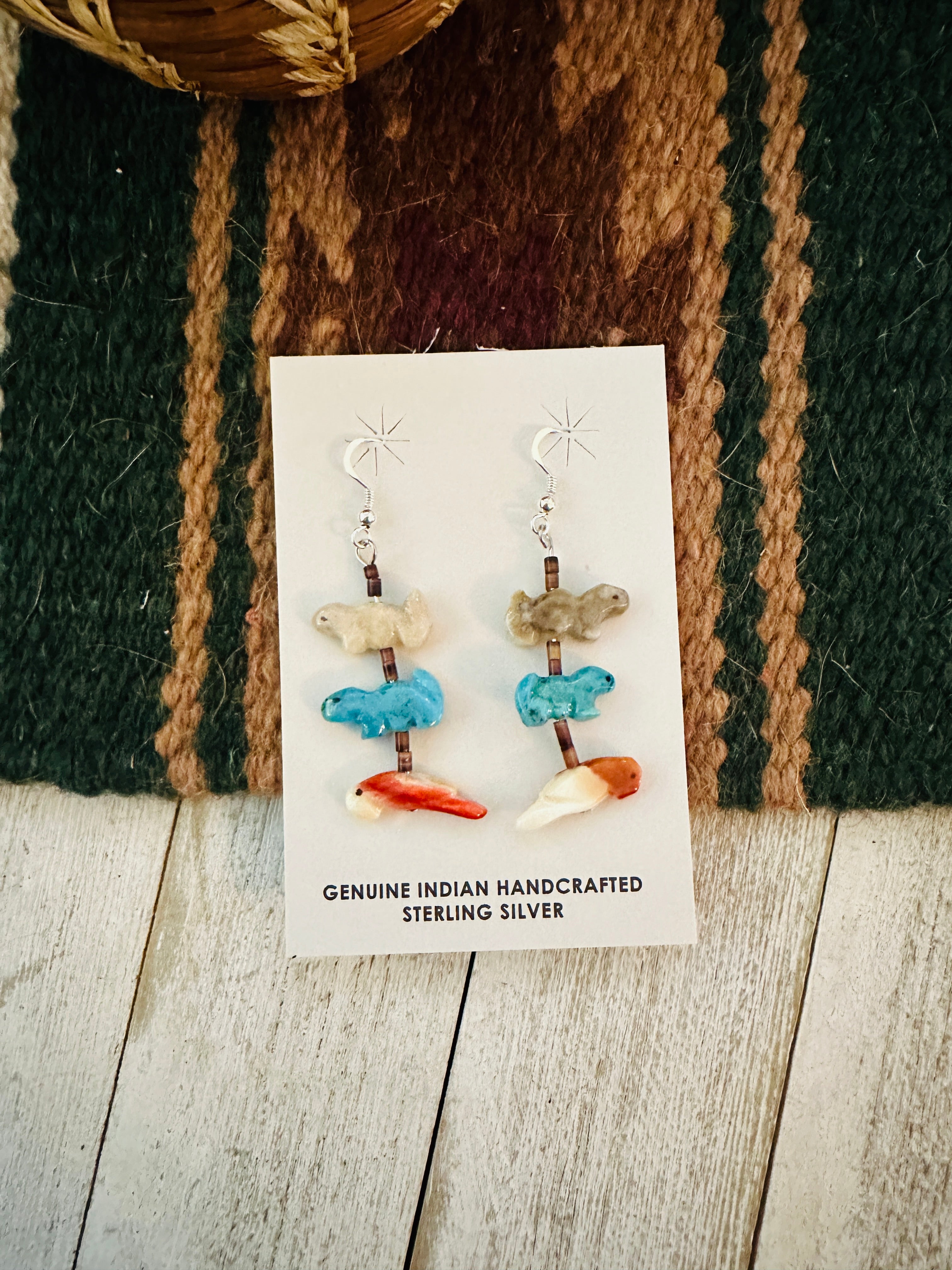 Zuni Multi Stone Beaded Fetish Dangle Earrings