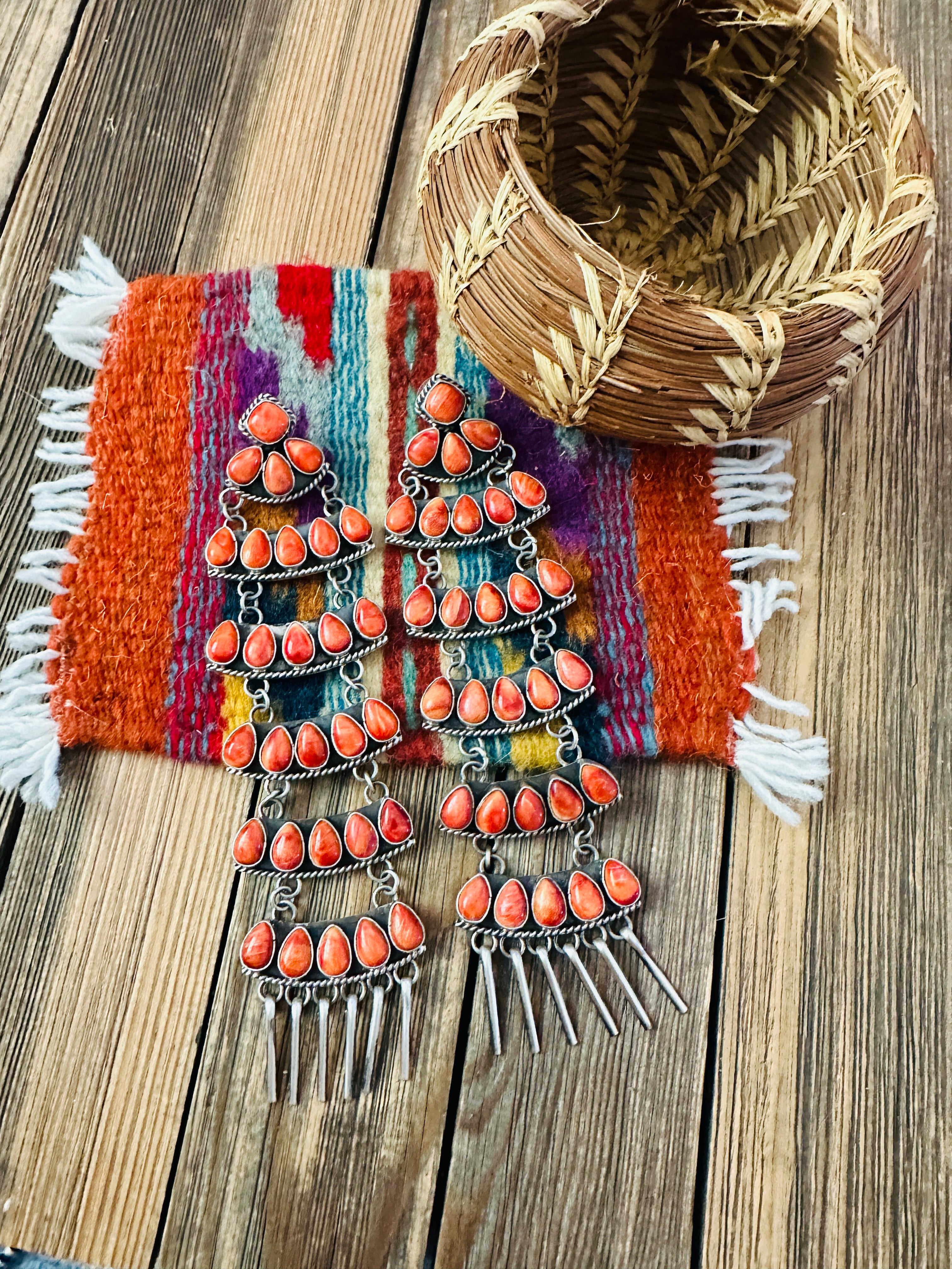 Handcrafted Orange Spiny Oyster & Sterling Silver Chandelier Dangle Earrings by Charles Johnson